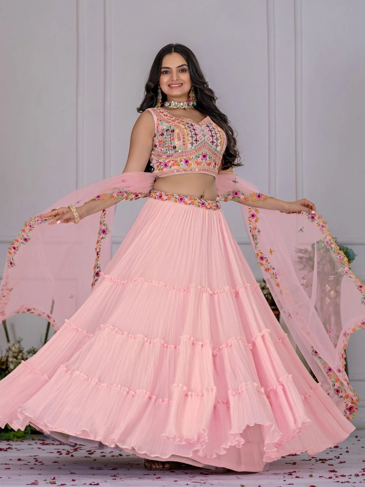 Odette Pink Georgette Embroidered Semi-Stitched lehenga For Women