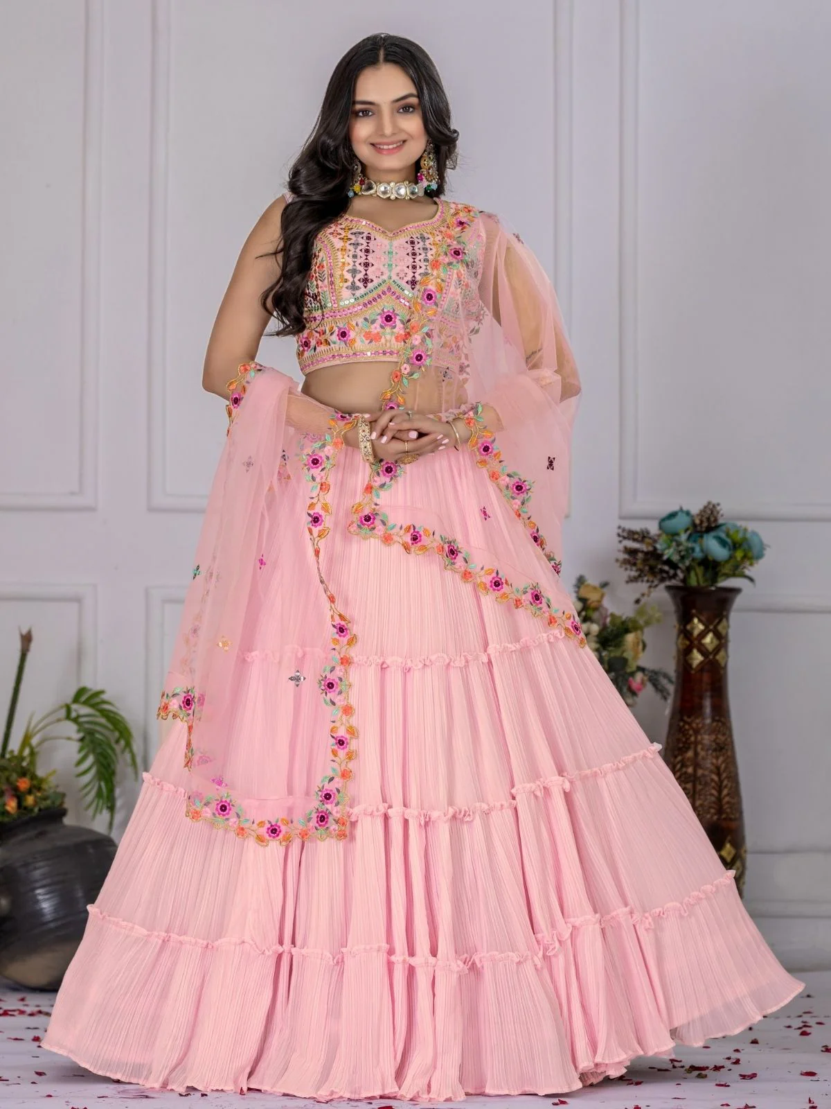 Odette Pink Georgette Embroidered Semi-Stitched lehenga For Women - Image 2