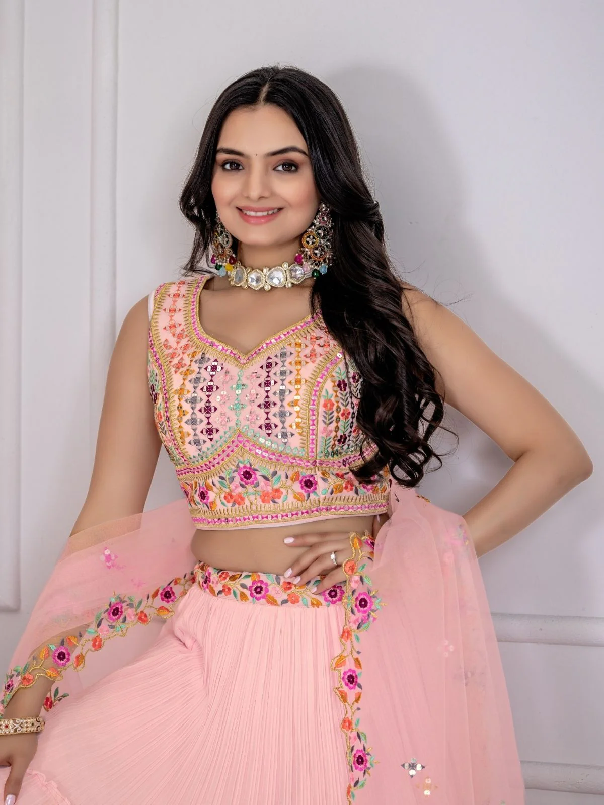 Odette Pink Georgette Embroidered Semi-Stitched lehenga For Women - Image 5