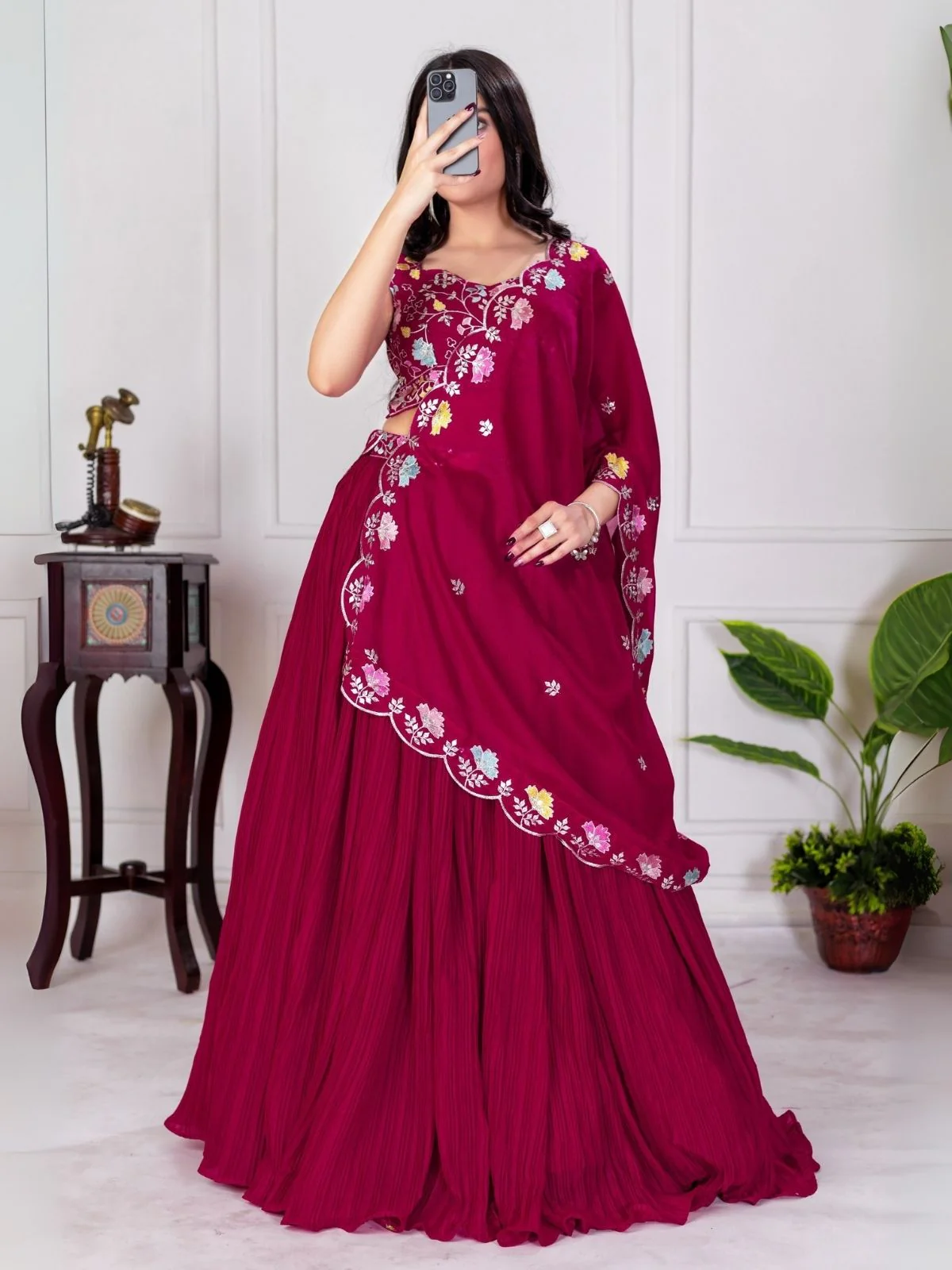 Odette Pink Georgette Embroidered Semi-Stitched lehenga For Women