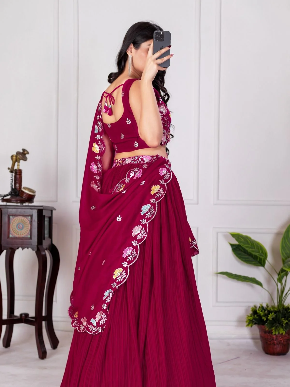Odette Pink Georgette Embroidered Semi-Stitched lehenga For Women - Image 3