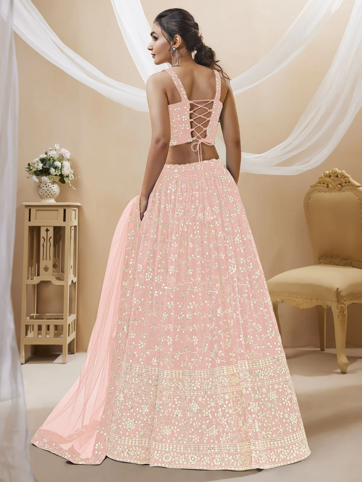 Odette Pink Georgette Embroidered Semi-Stitched Lehenga For Women - Image 2
