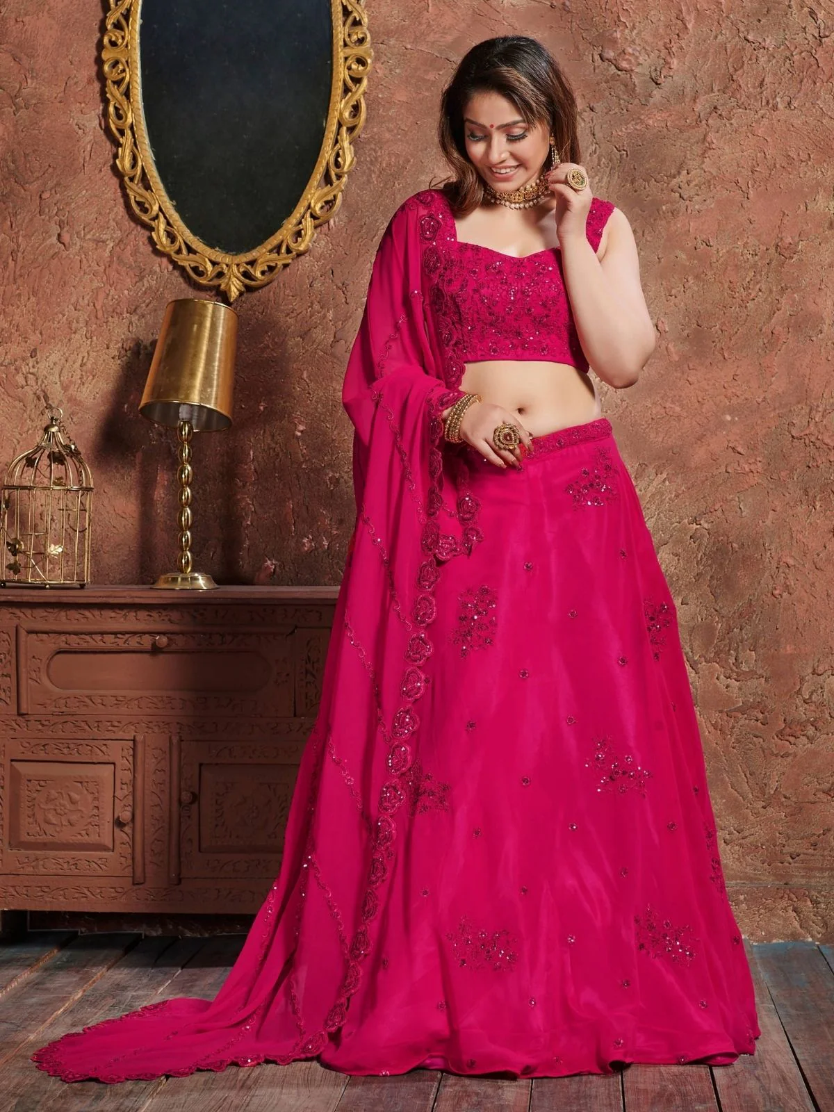 Odette Pink Georgette Embroidered Semi Stitched Lehenga With Blouse For Women - Image 2