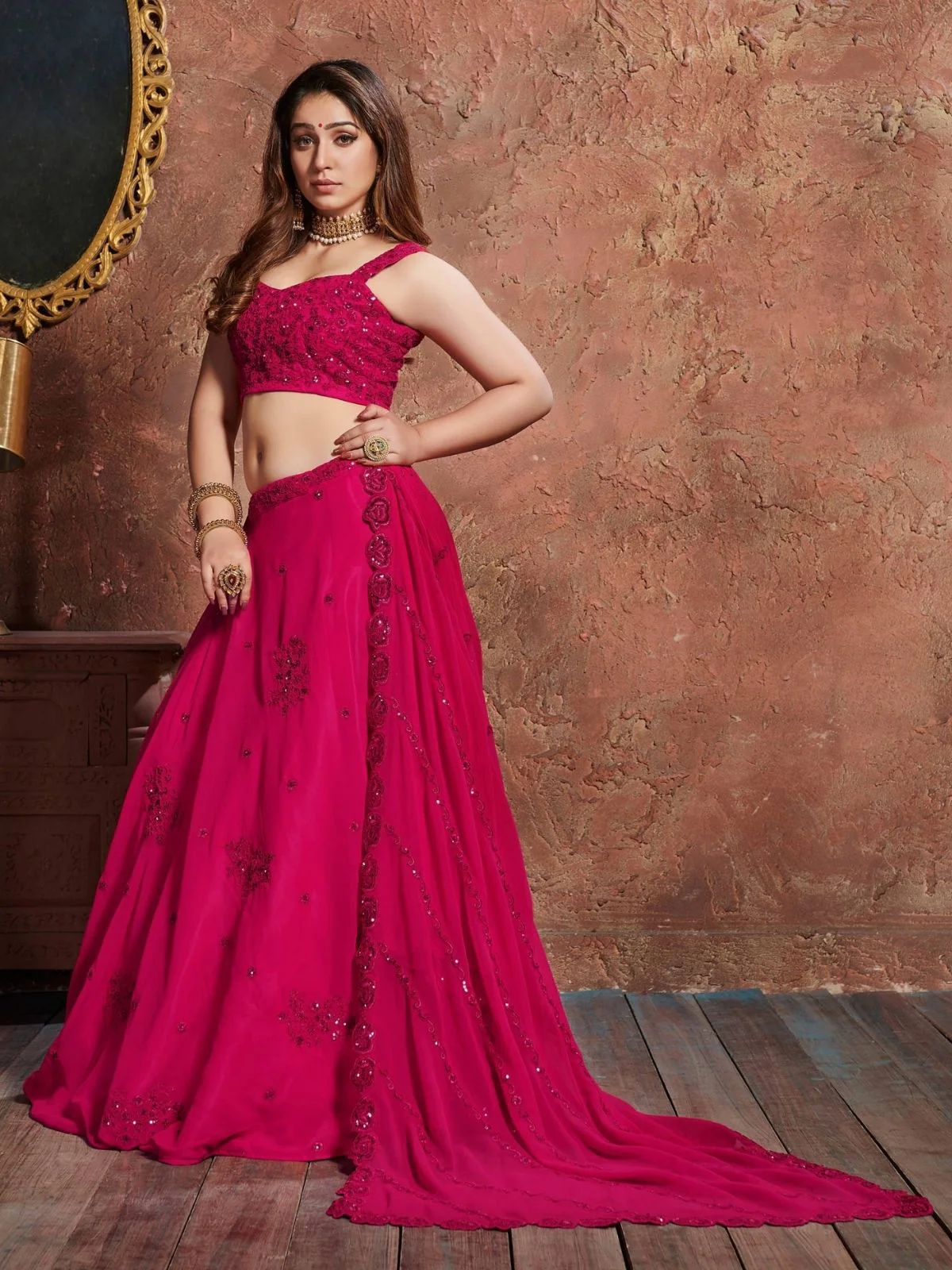 Odette Pink Georgette Embroidered Semi Stitched Lehenga With Blouse For Women - Image 3