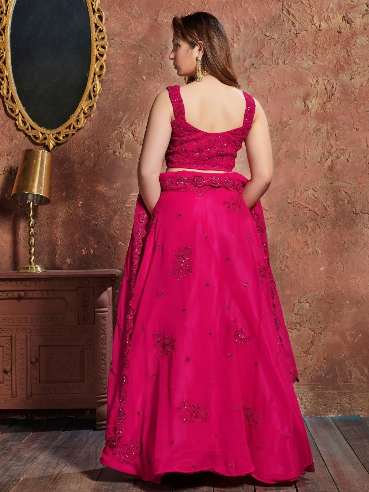 Odette Pink Georgette Embroidered Semi Stitched Lehenga With Blouse For Women - Image 4