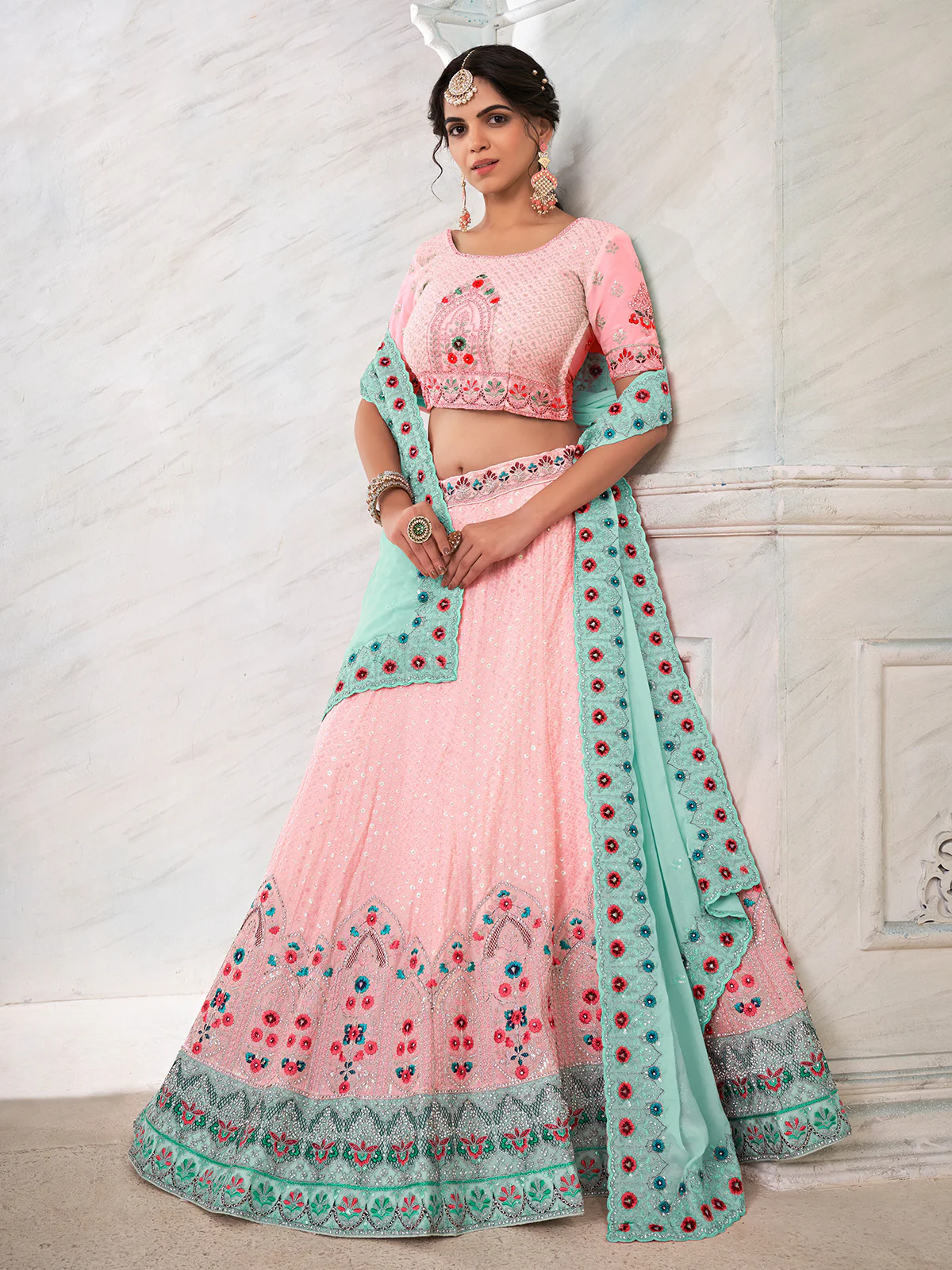 Odette Pink Georgette Embroidered Semi Stitched Lehenga With Unstitched Blouse for Women - Image 3