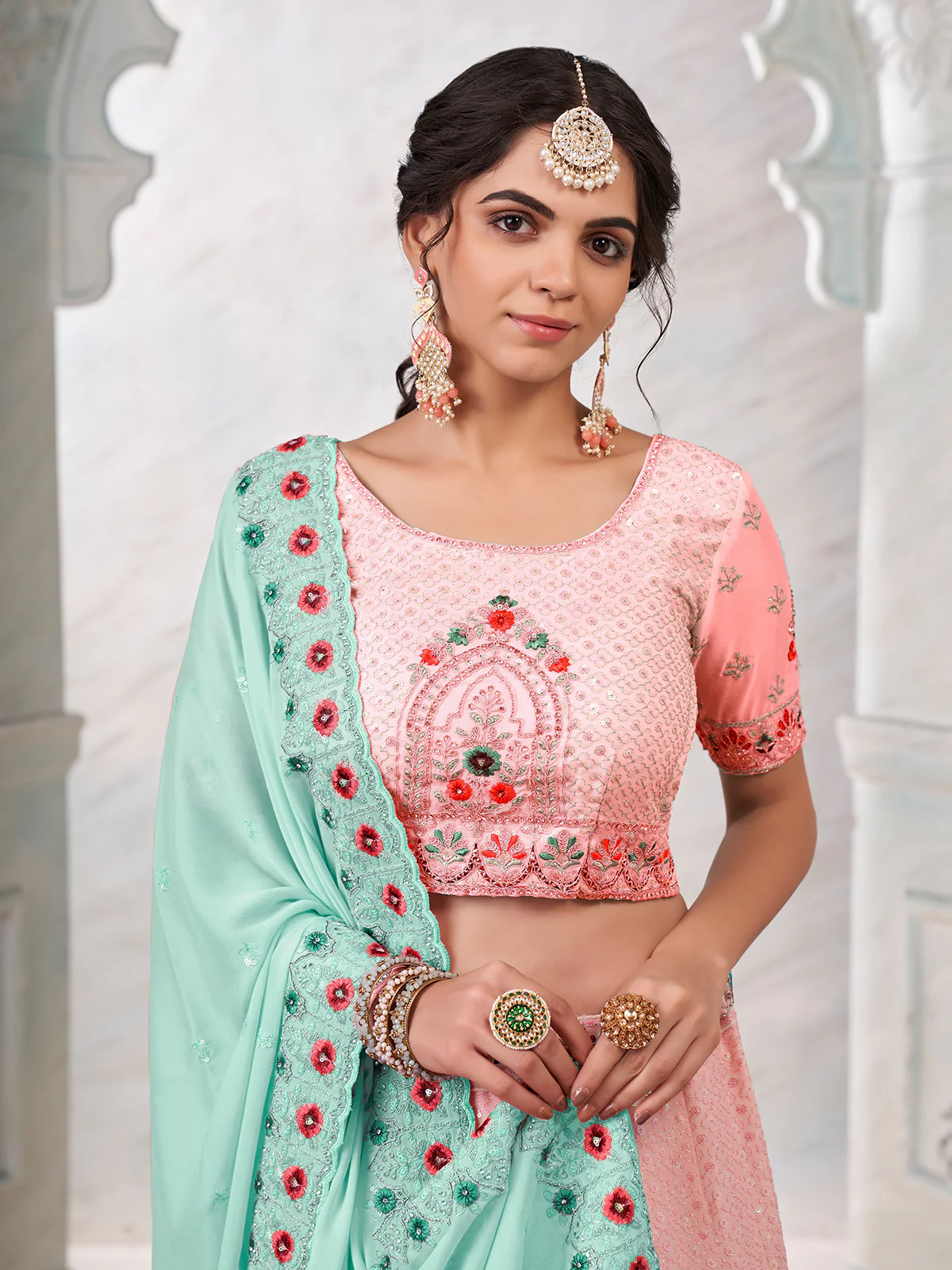 Odette Pink Georgette Embroidered Semi Stitched Lehenga With Unstitched Blouse for Women - Image 5