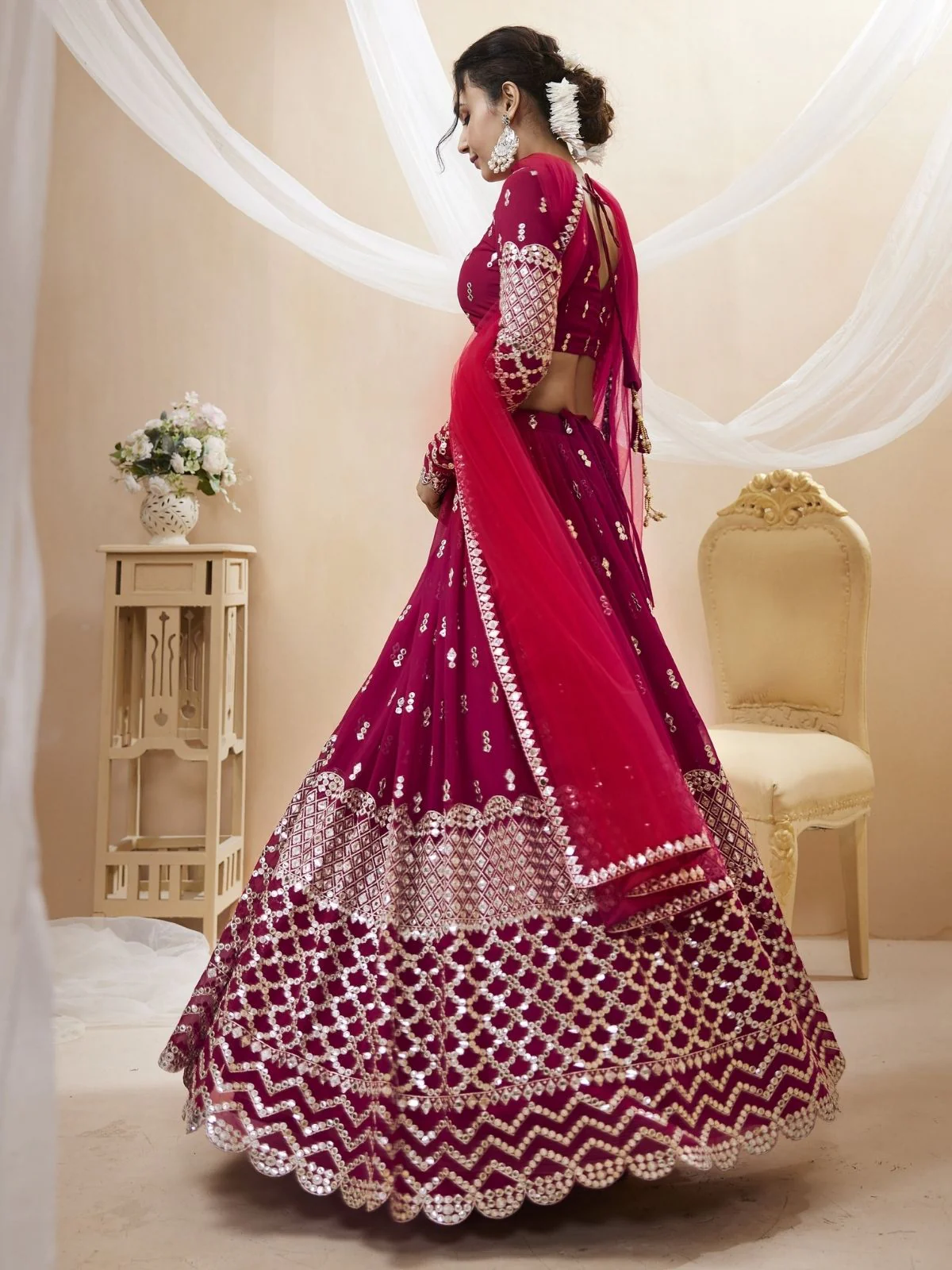 Odette Dark Pink Georgette Embroidered Semi Stitched Lehenga With Unstitched Blouse For Women - Image 3