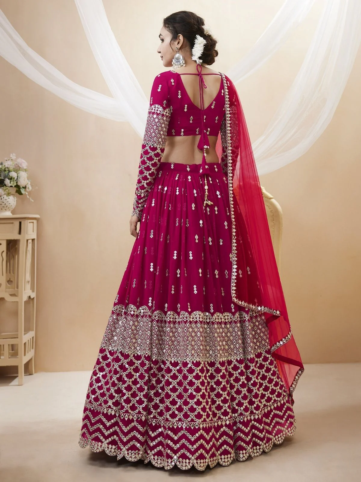 Odette Dark Pink Georgette Embroidered Semi Stitched Lehenga With Unstitched Blouse For Women - Image 4