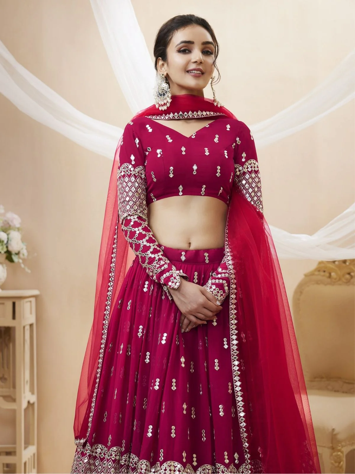 Odette Dark Pink Georgette Embroidered Semi Stitched Lehenga With Unstitched Blouse For Women - Image 5