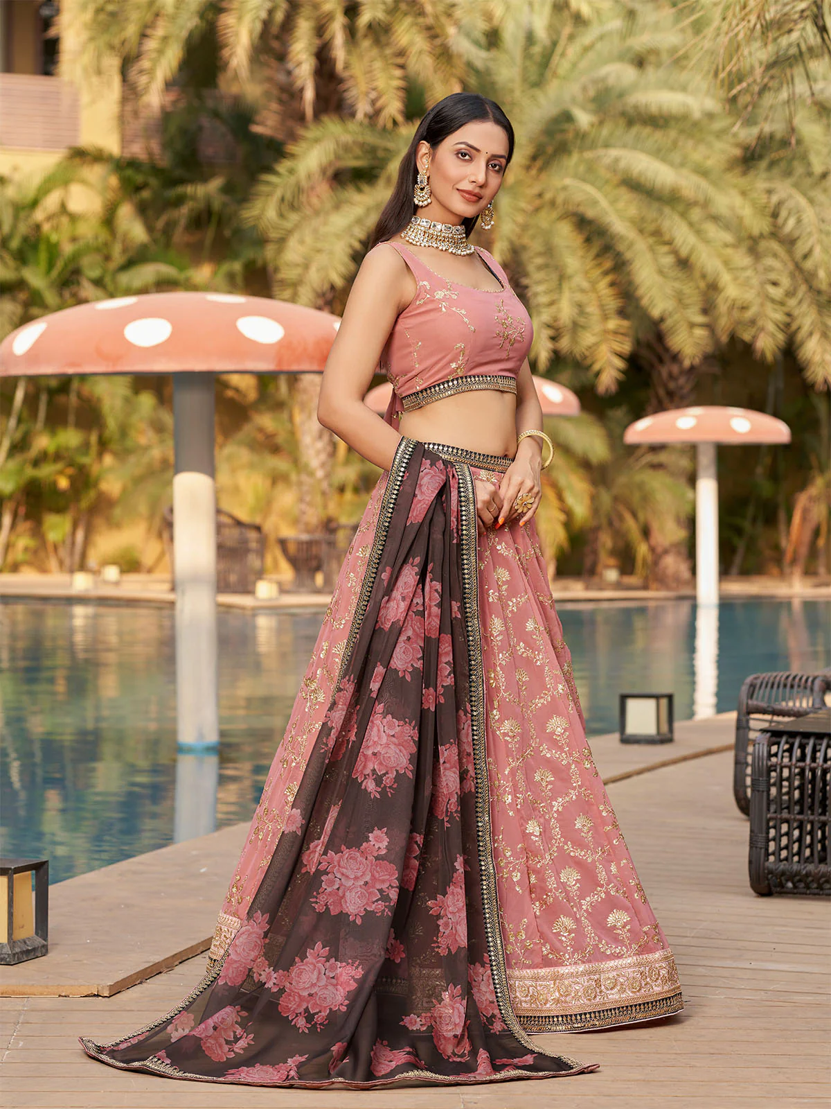 Odette Pink Georgette Embroidered Semi Stitched Lehenga With Unstitched Blouse For Women - Image 2