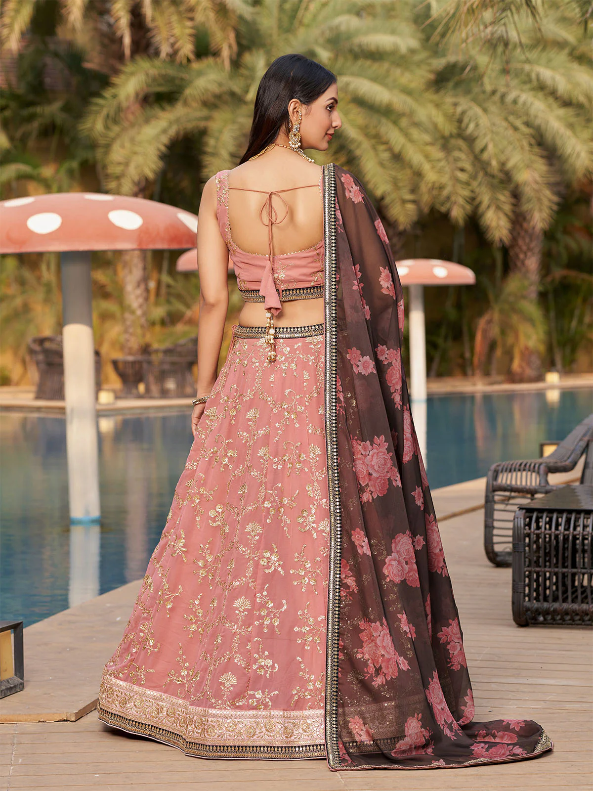 Odette Pink Georgette Embroidered Semi Stitched Lehenga With Unstitched Blouse For Women - Image 3