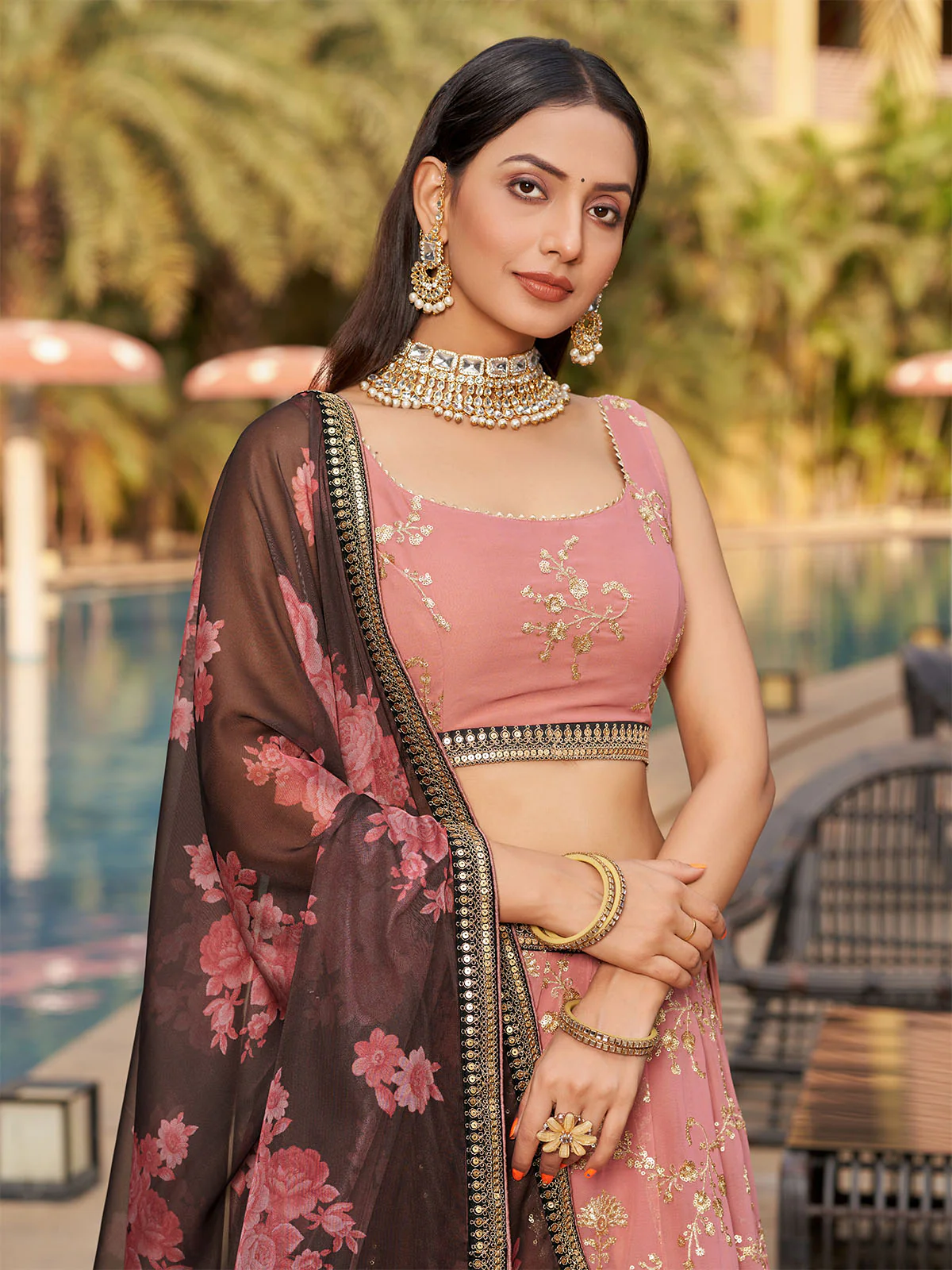 Odette Pink Georgette Embroidered Semi Stitched Lehenga With Unstitched Blouse For Women - Image 4