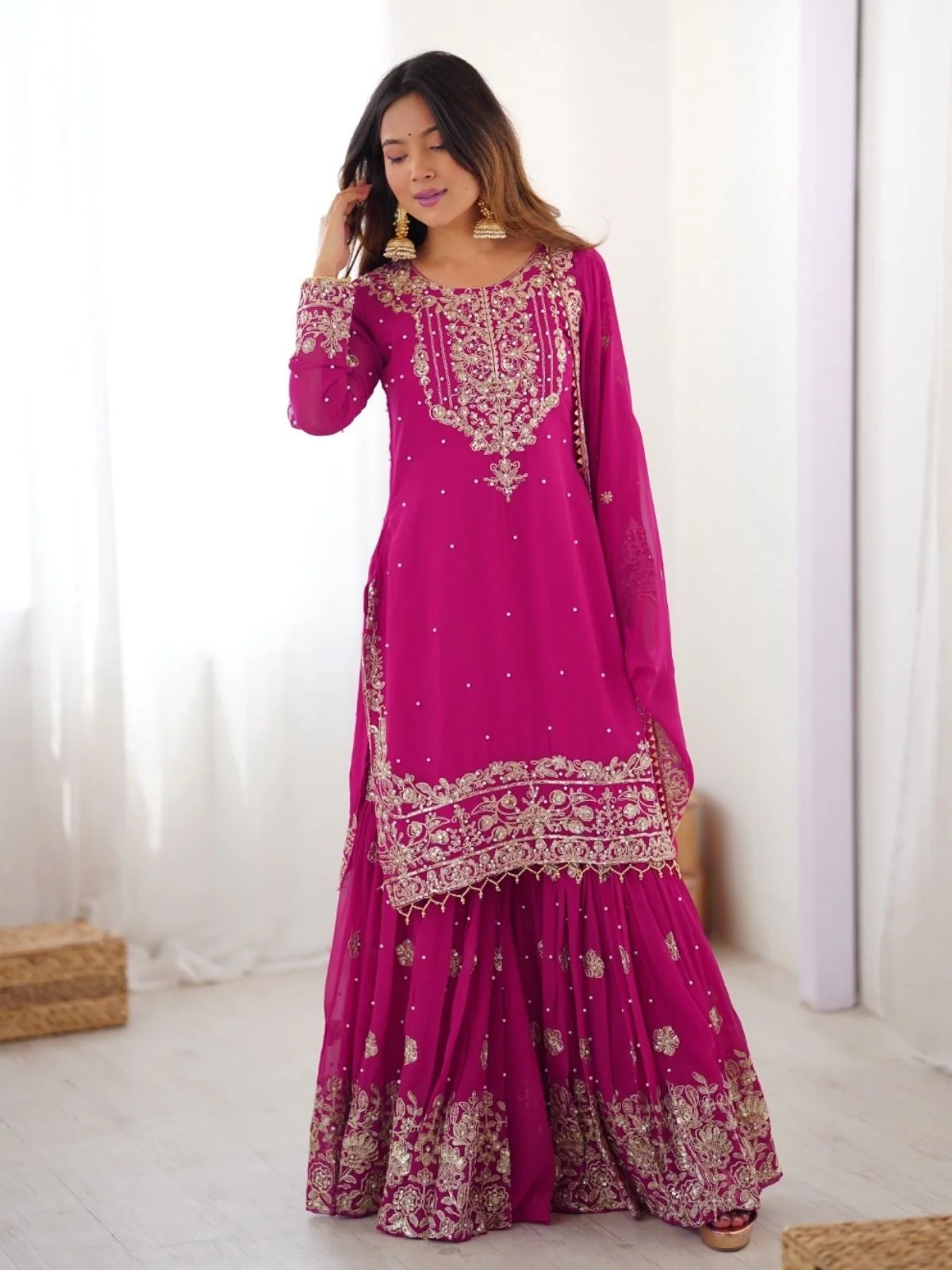 Odette Pink Georgette Embroidered Stitched Kurta Set For Women