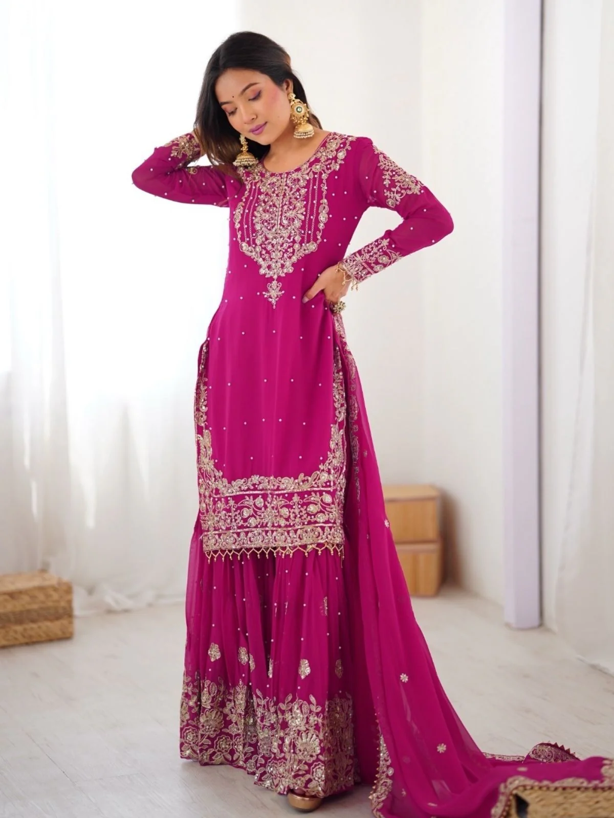 Odette Pink Georgette Embroidered Stitched Kurta Set For Women - Image 2