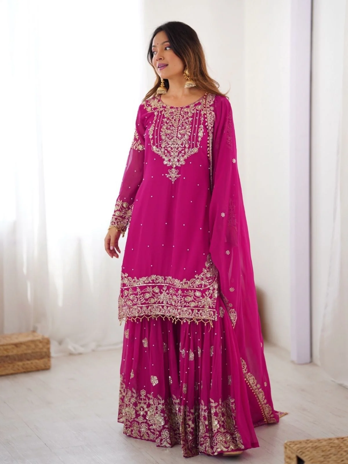 Odette Pink Georgette Embroidered Stitched Kurta Set For Women - Image 3