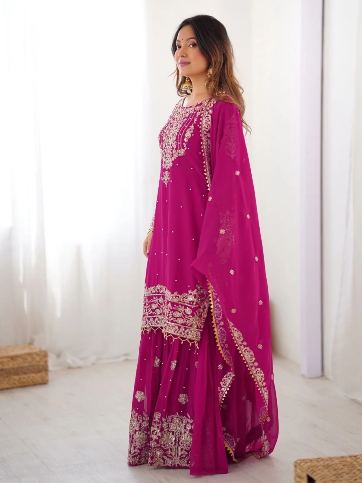 Odette Pink Georgette Embroidered Stitched Kurta Set For Women - Image 4