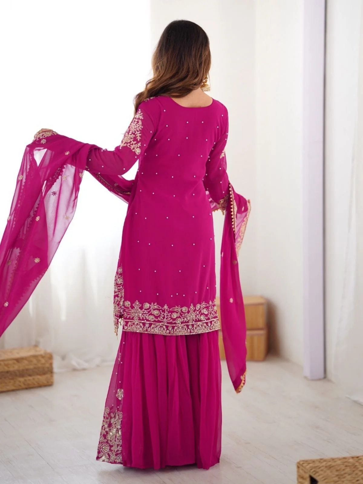Odette Pink Georgette Embroidered Stitched Kurta Set For Women - Image 5
