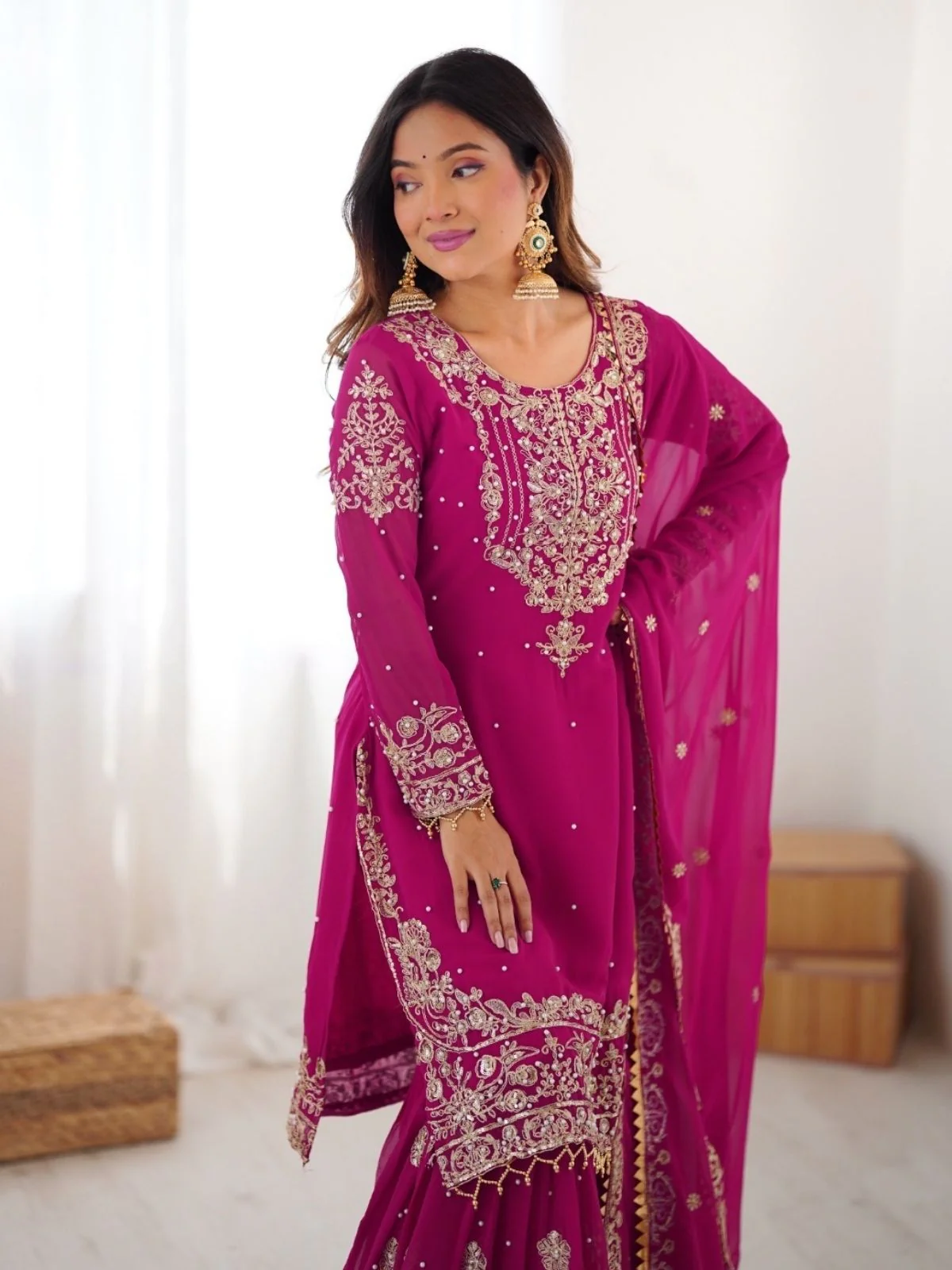 Odette Pink Georgette Embroidered Stitched Kurta Set For Women - Image 6