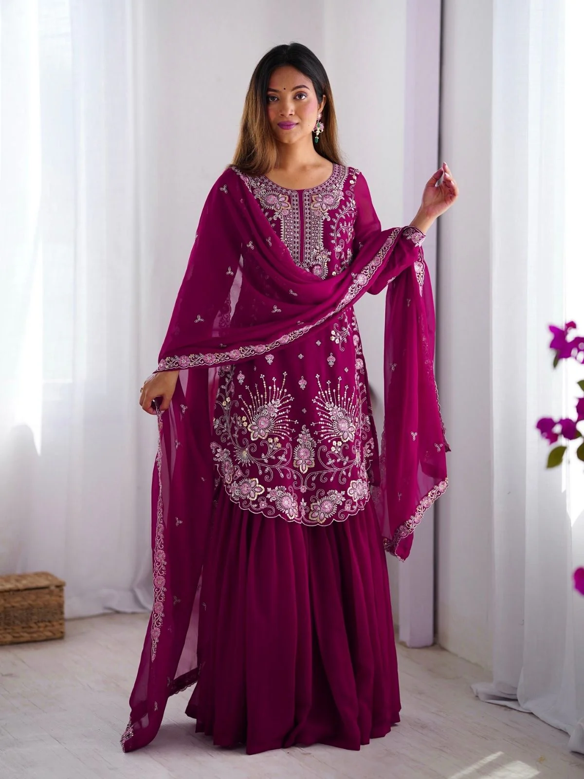 Odette Dark Pink Georgette Embroidered Stitched Kurta Set For Women - Image 2