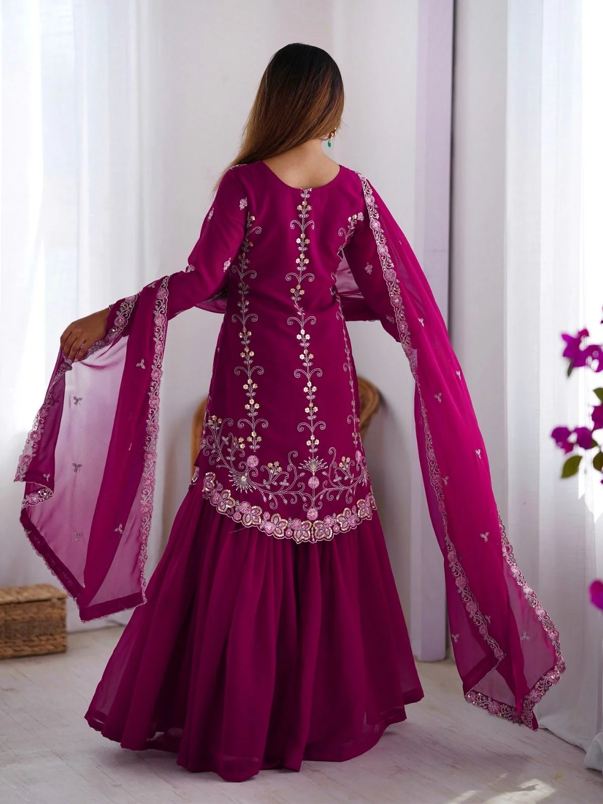 Odette Dark Pink Georgette Embroidered Stitched Kurta Set For Women - Image 3