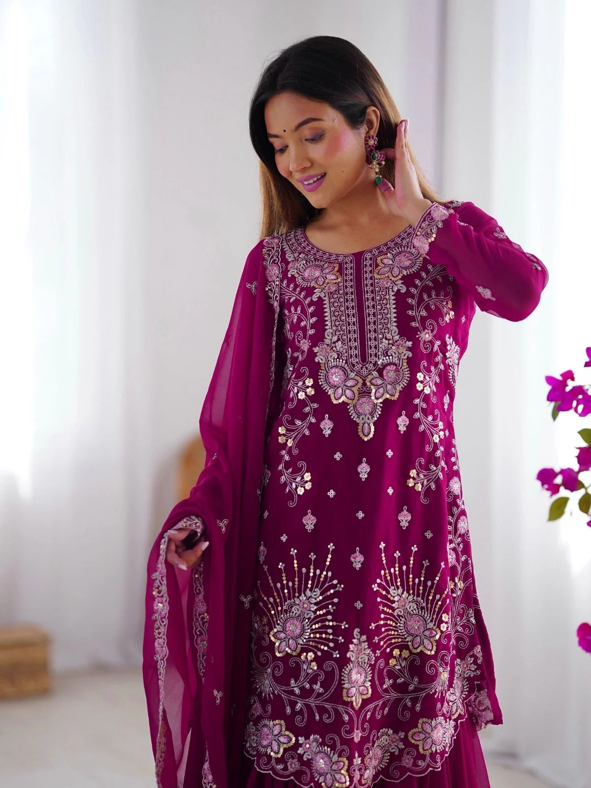 Odette Dark Pink Georgette Embroidered Stitched Kurta Set For Women - Image 4