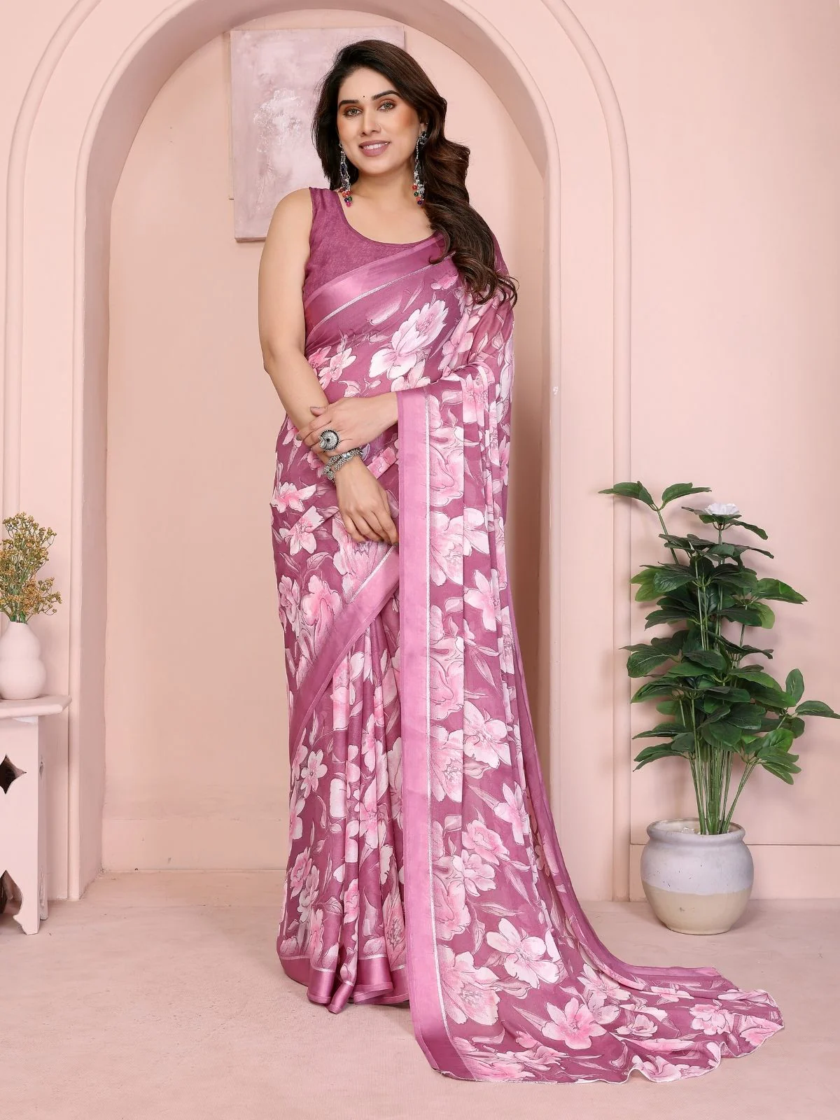 Odette Pink Georgette Floral Print Saree For Women