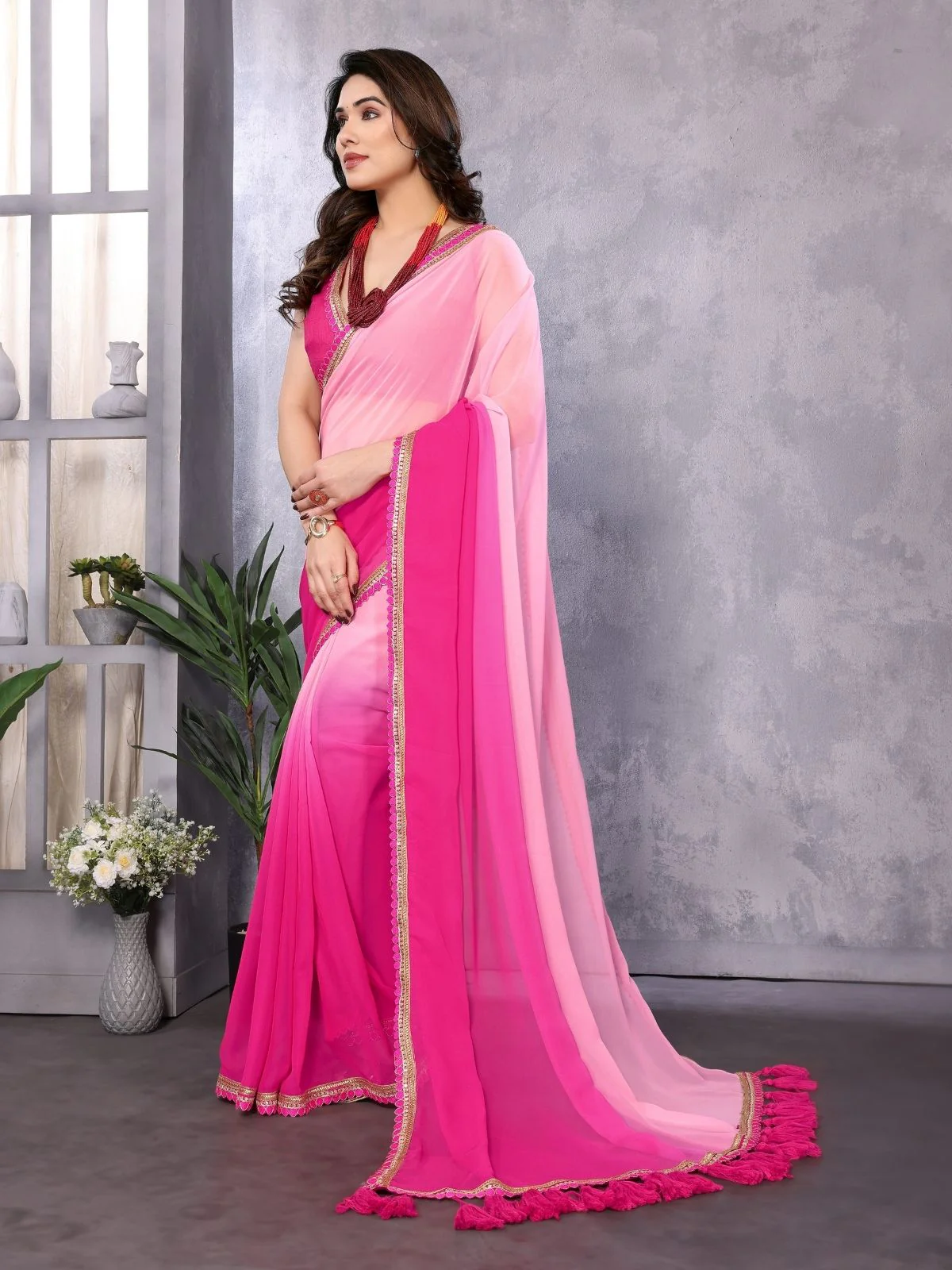 Odette Pink Georgette Lace Work Saree With Unstitched Blouse For Women - Image 2