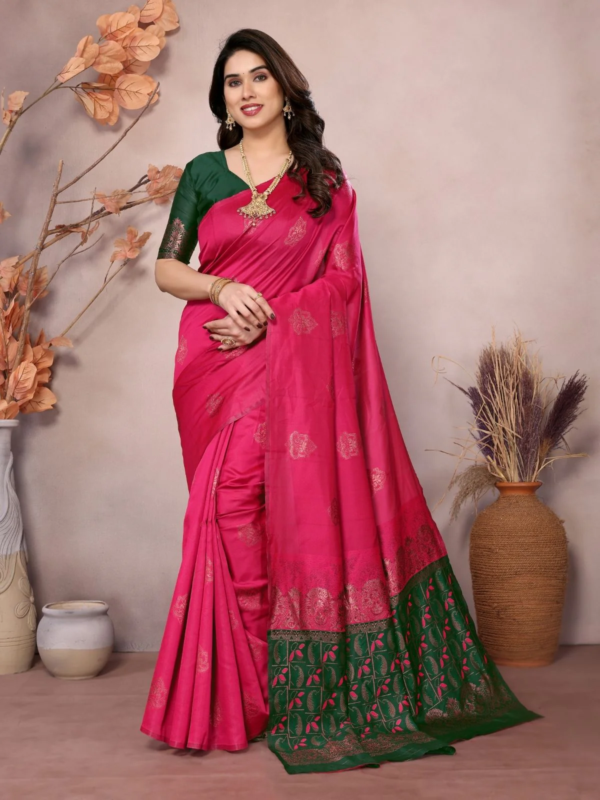 Odette Pink Georgette Motif Print Saree For Women