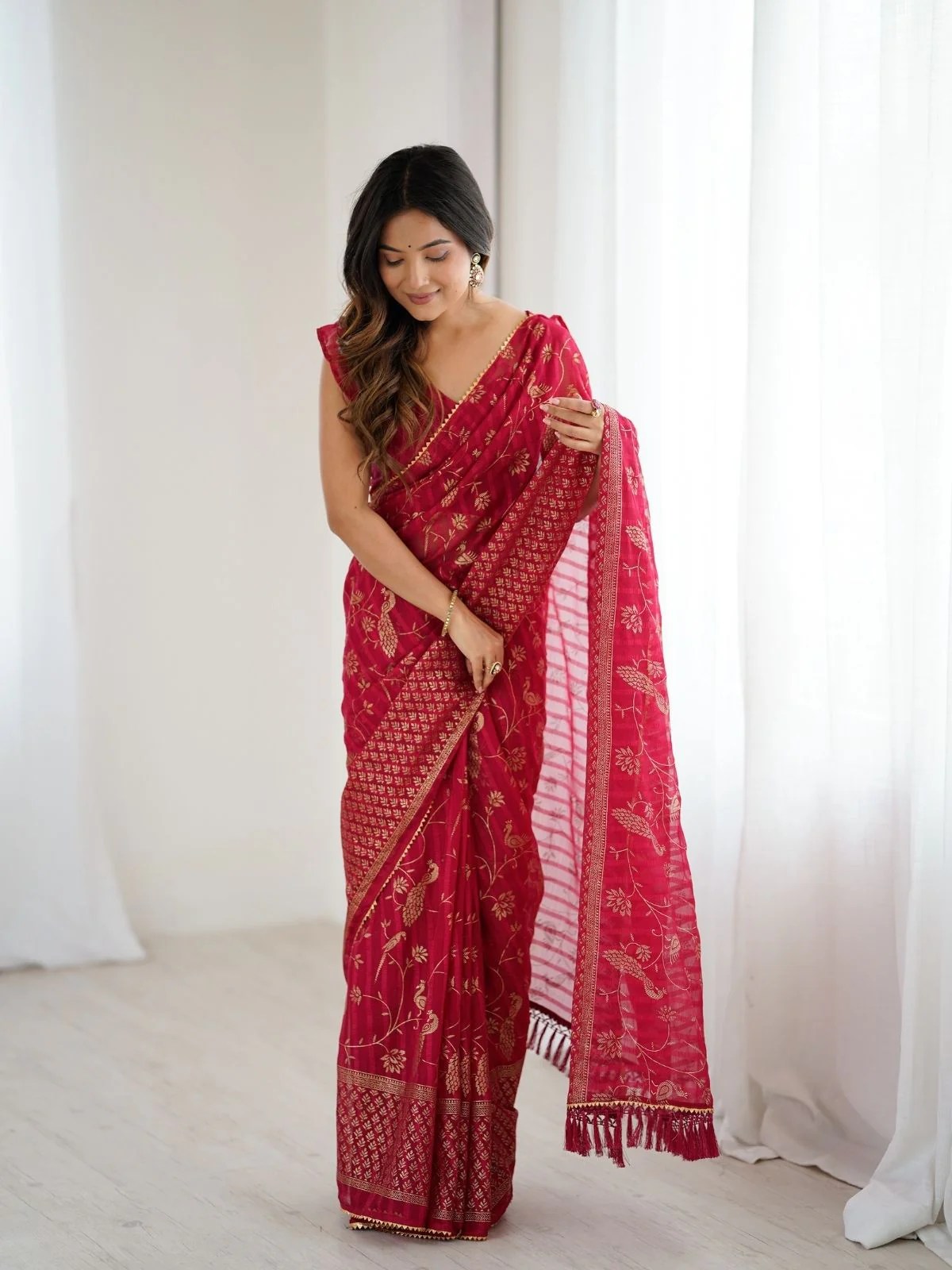 Odette Pink Georgette Peacock Motifs Saree For Women