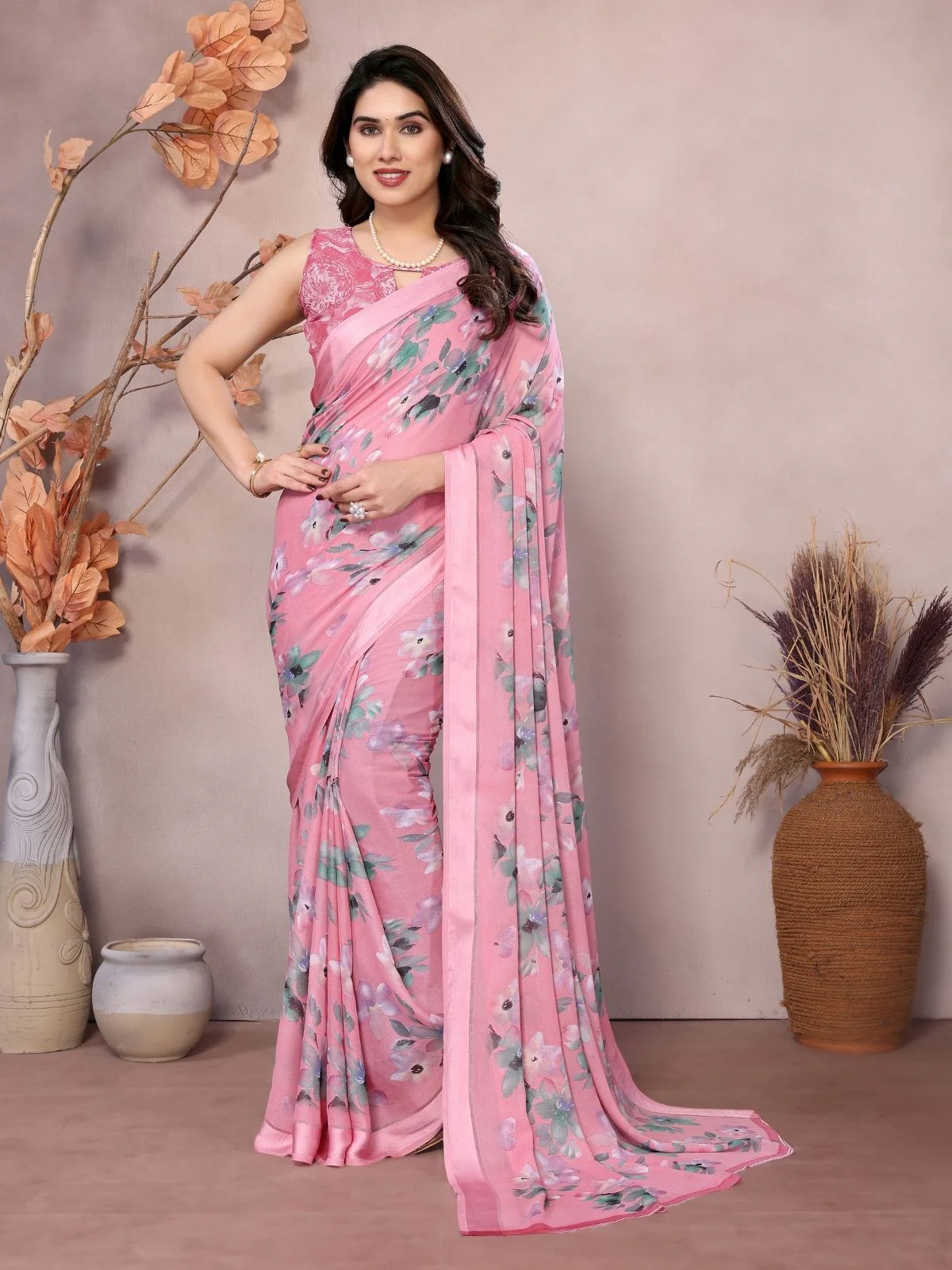 Odette Pink Georgette Printed Saree For Women
