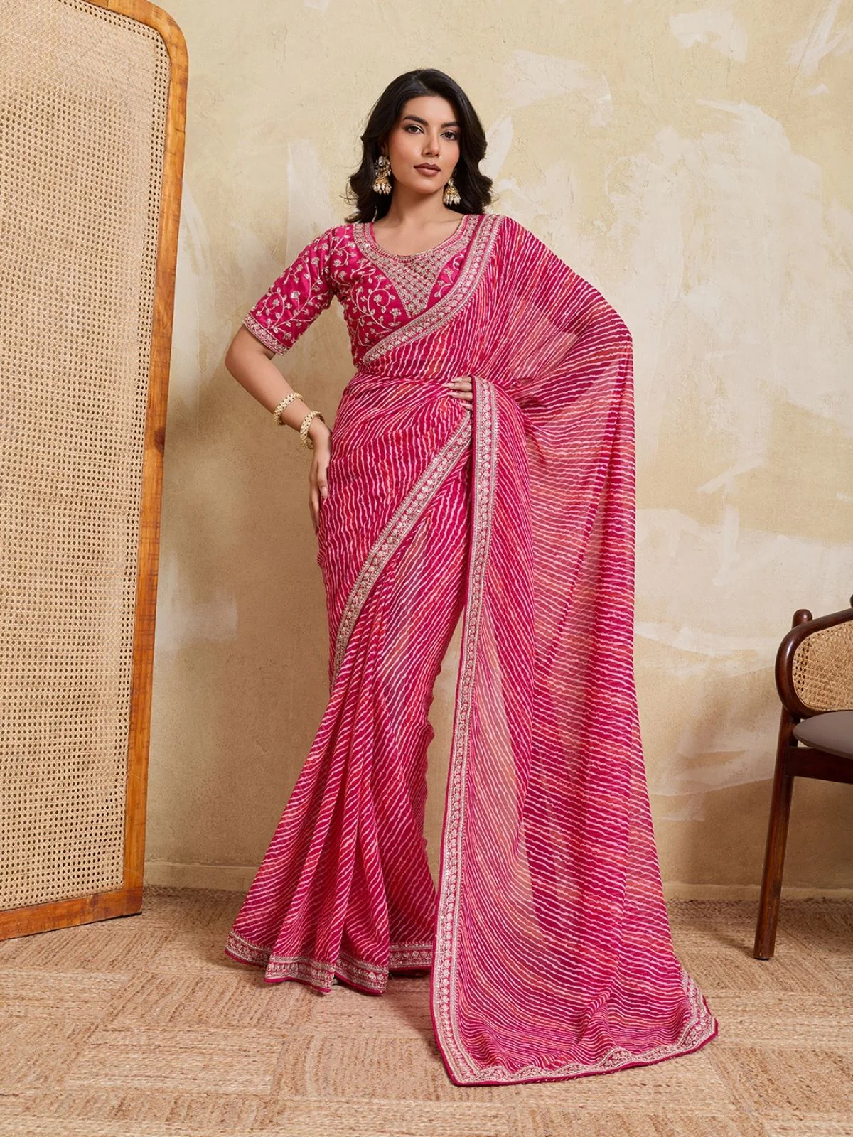 Odette Pink Georgette Printed Saree For Women