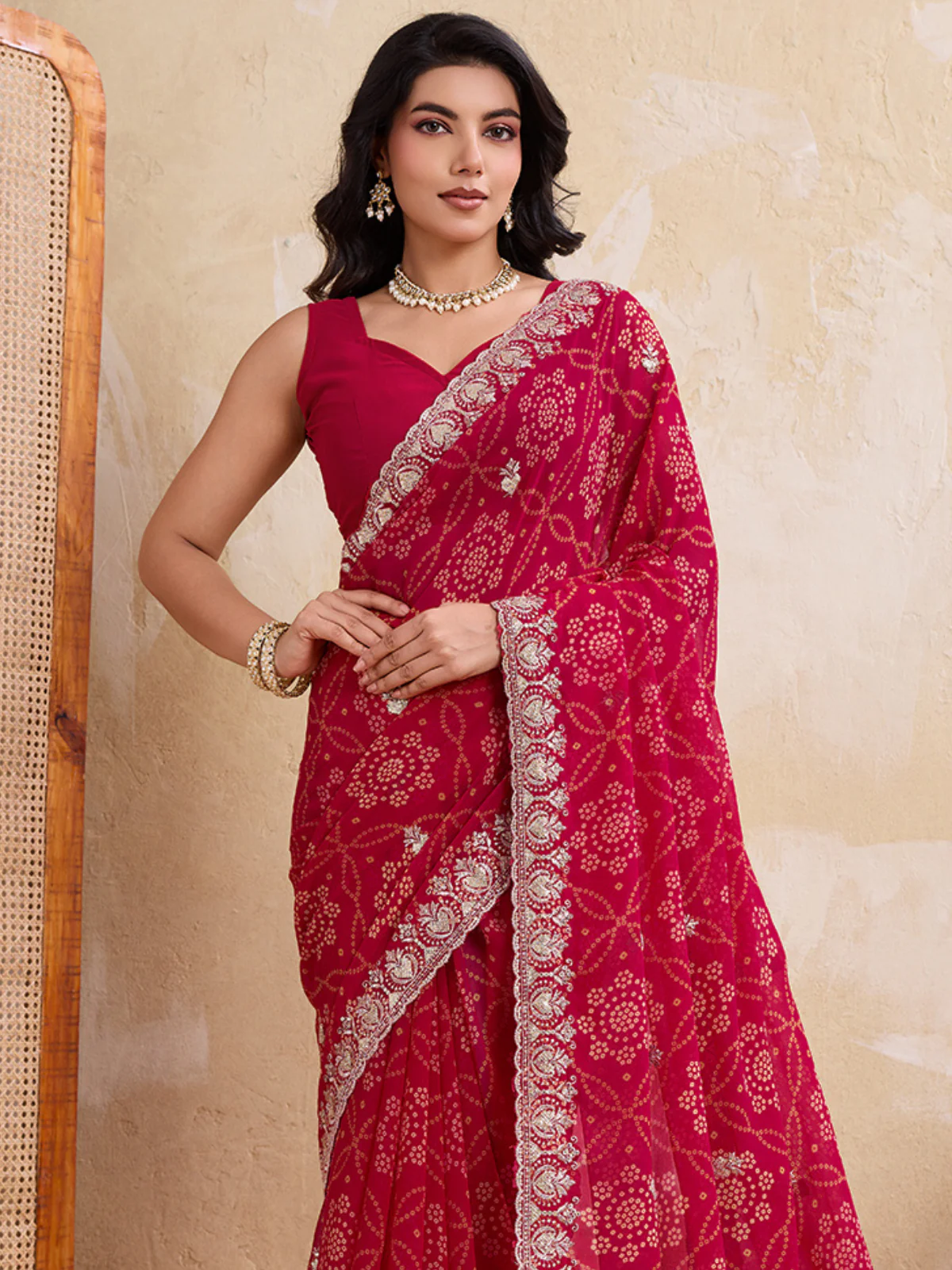 Odette Pink Georgette Printed Saree For Women - Image 4