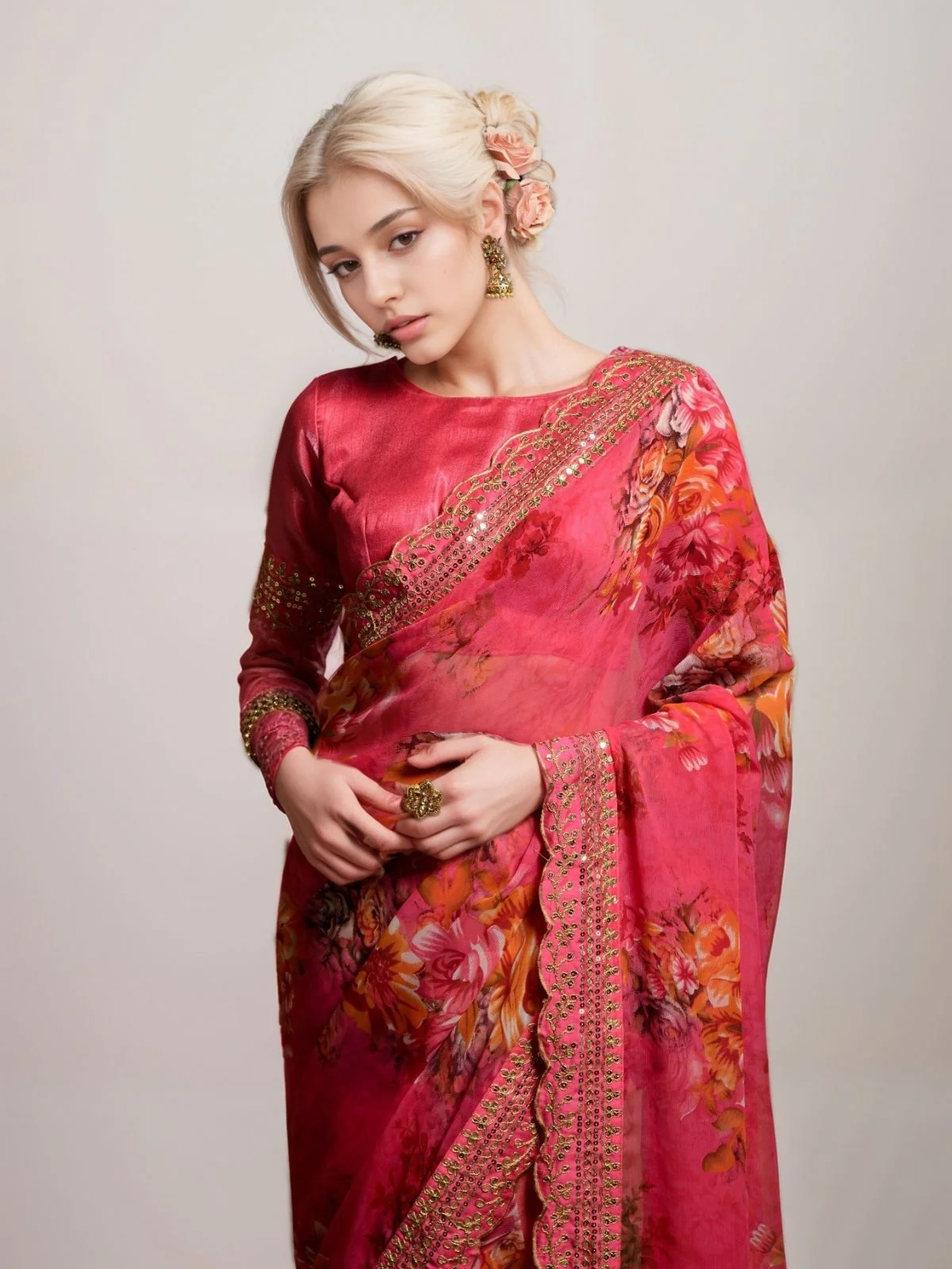 Odette Pink Georgette Printed Saree For Women - Image 2