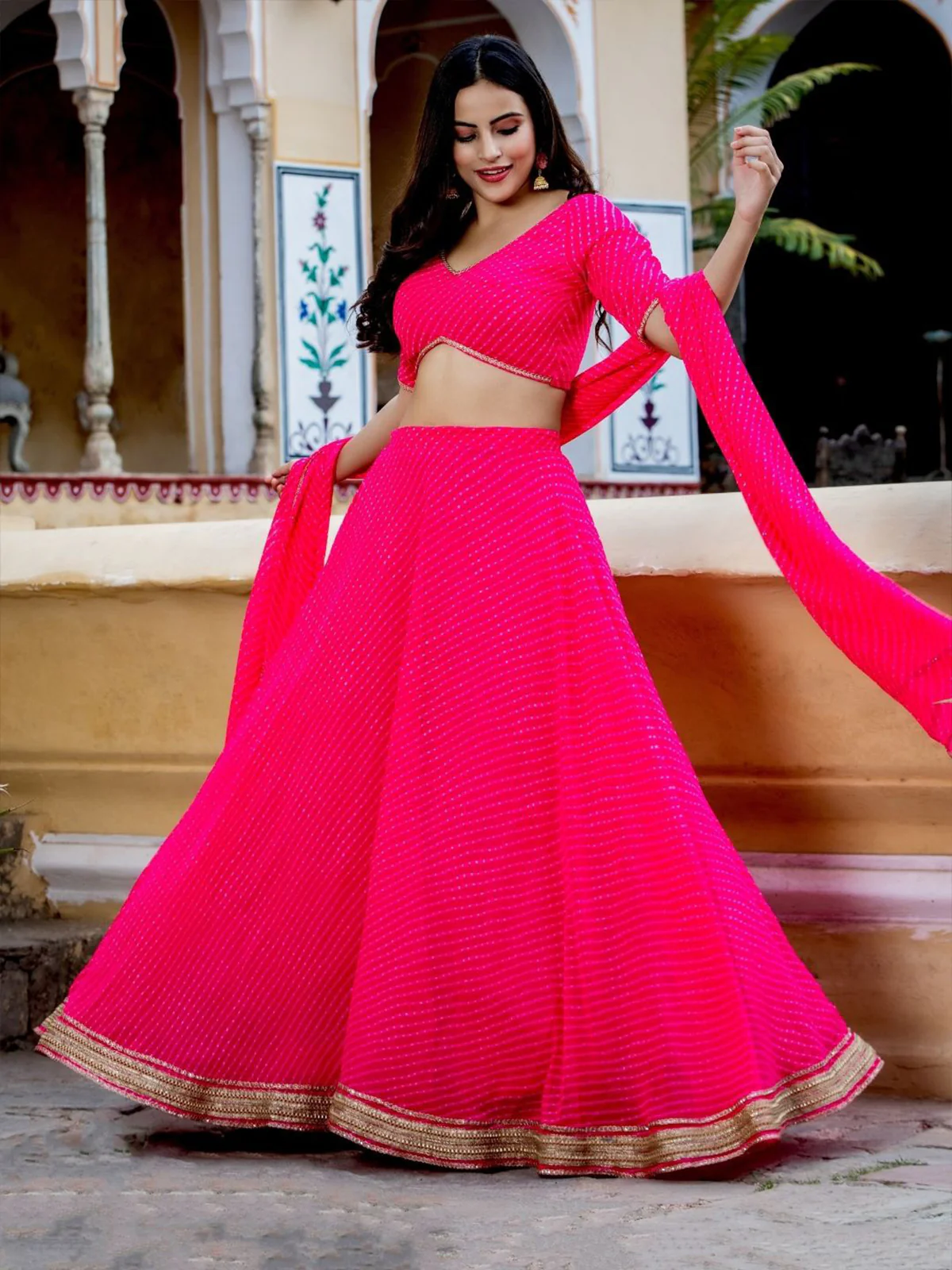 Odette Pink Georgette Printed Semi Stitched Lehenga With Unstitched Blouse For Women - Image 2