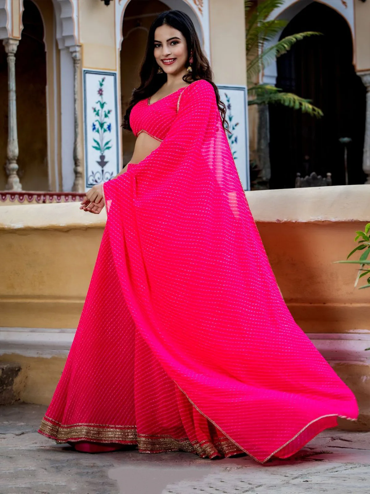 Odette Pink Georgette Printed Semi Stitched Lehenga With Unstitched Blouse For Women - Image 3