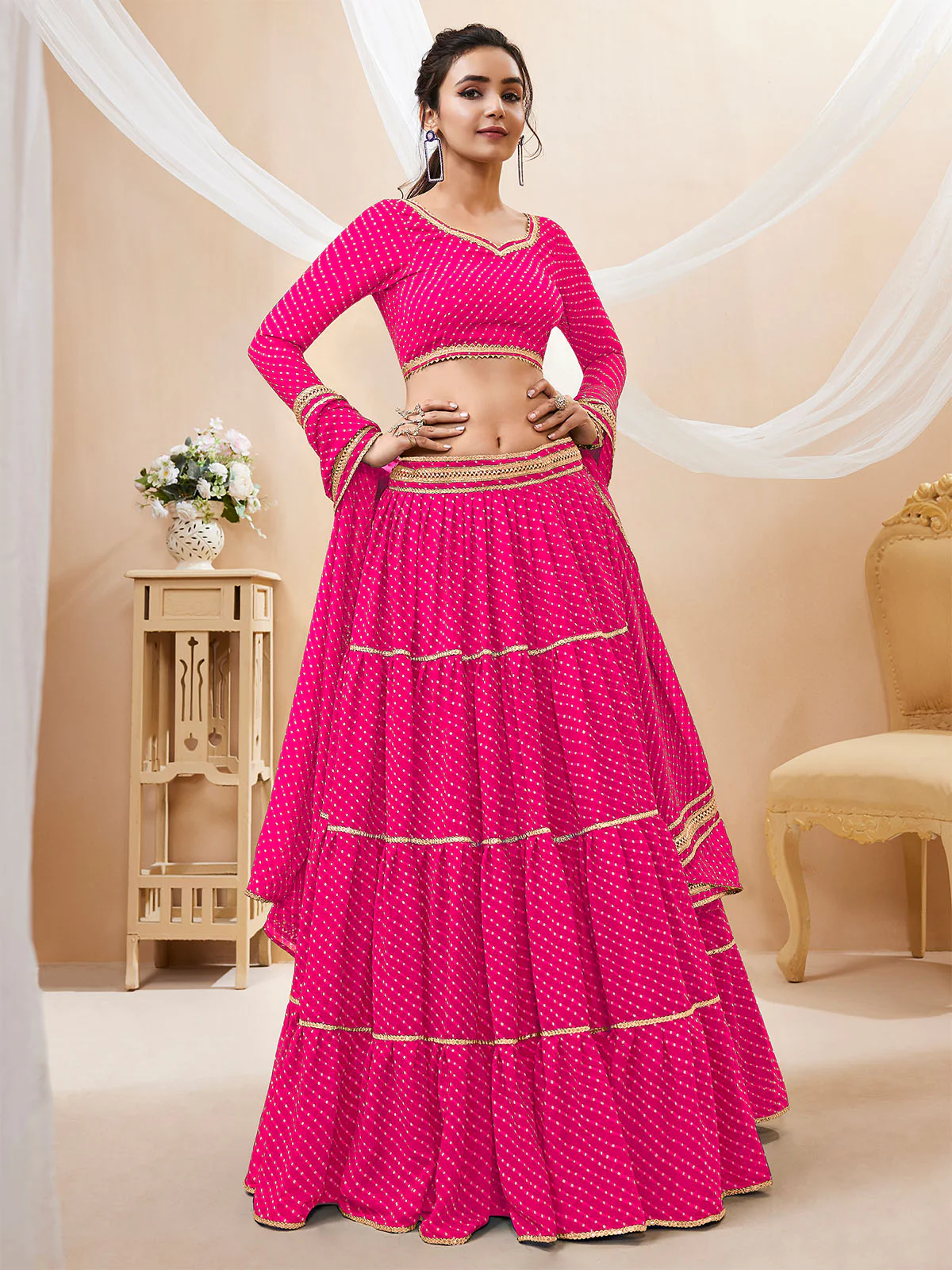 Odette Pink Georgette Printed Semi Stitched Lehenga With Unstitched Blouse For Women - Image 2