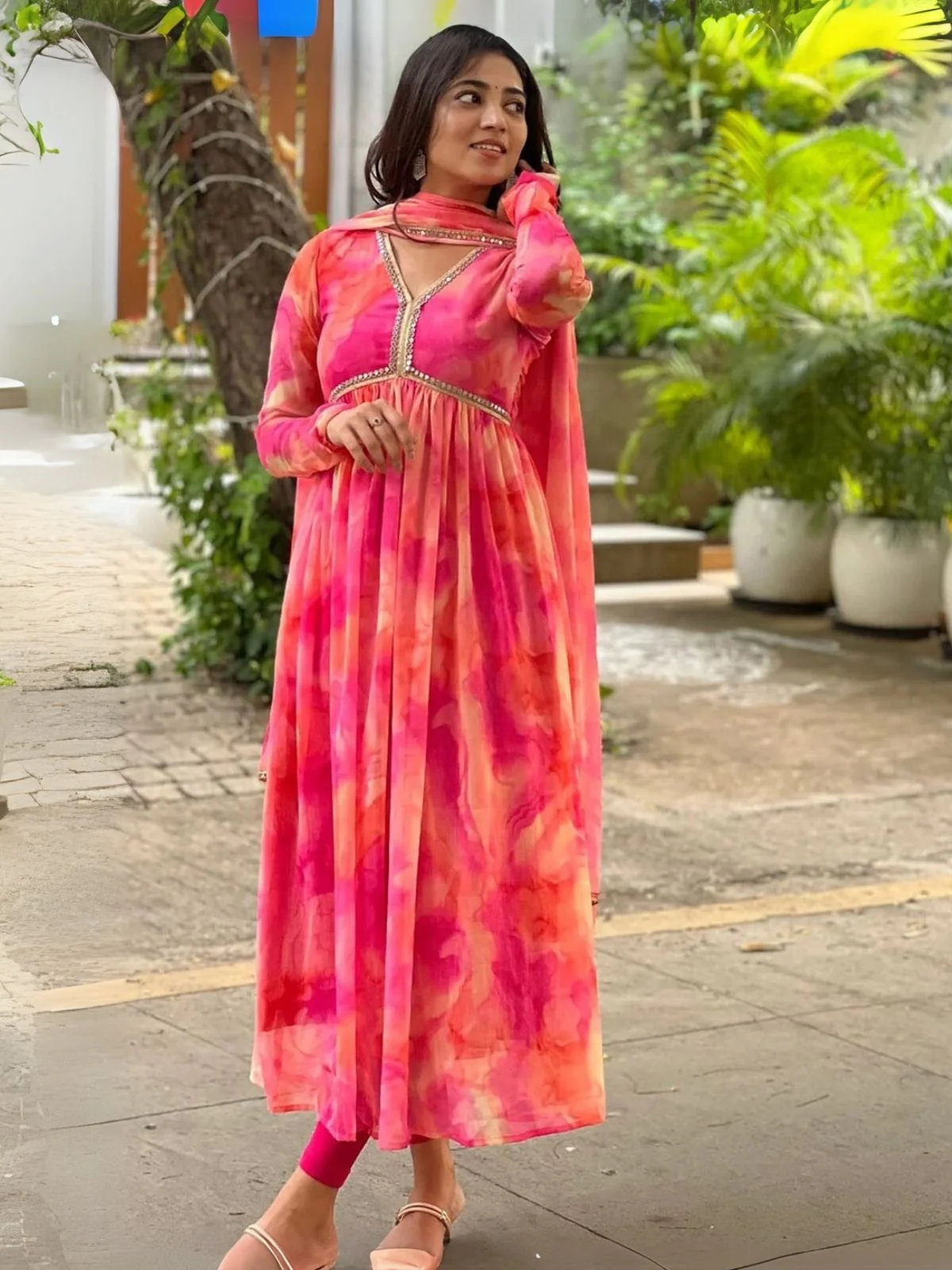 Odette Pink Georgette Printed Stiched Kurta With Dupatta For Women