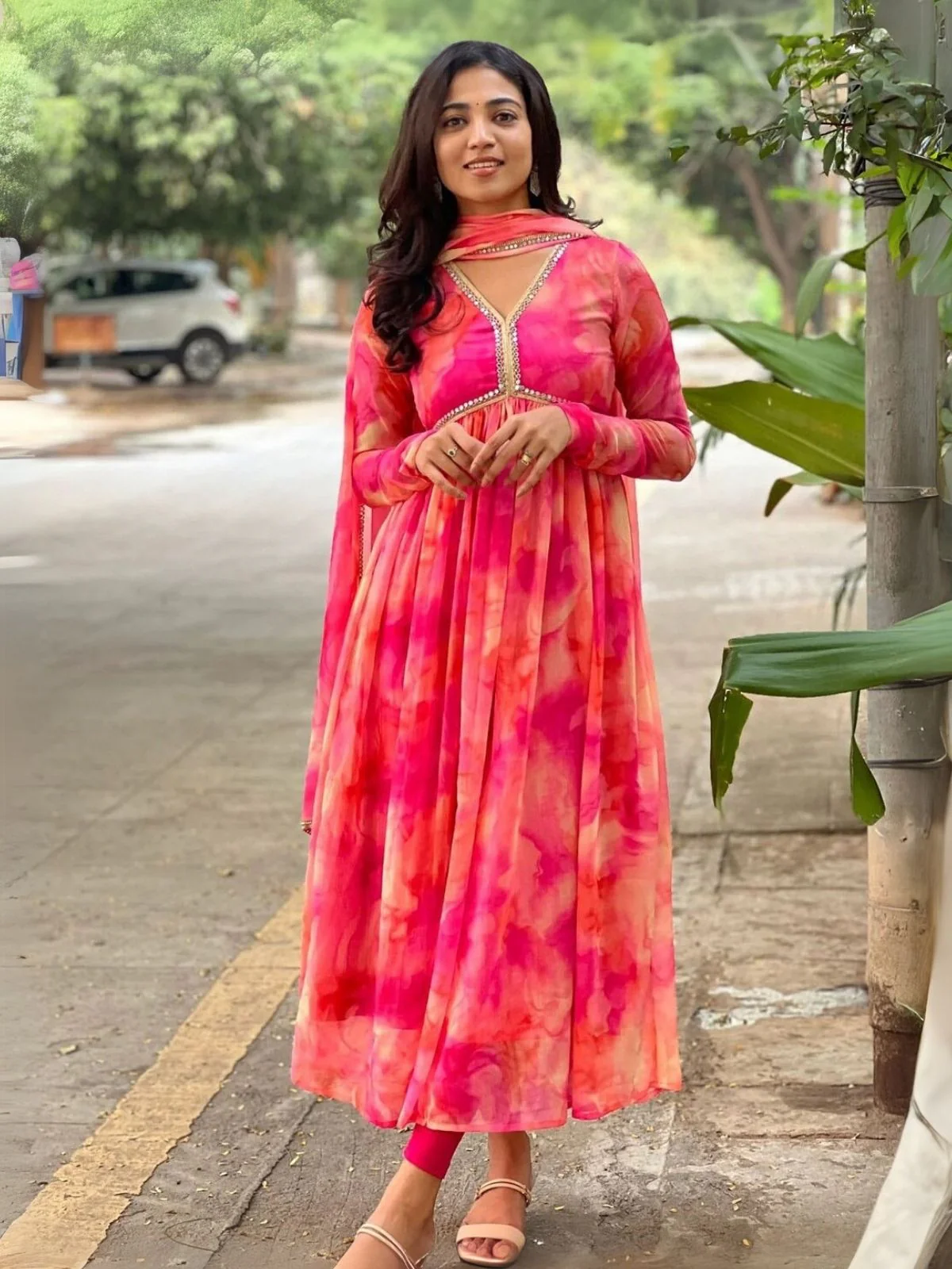 Odette Pink Georgette Printed Stiched Kurta With Dupatta For Women - Image 2