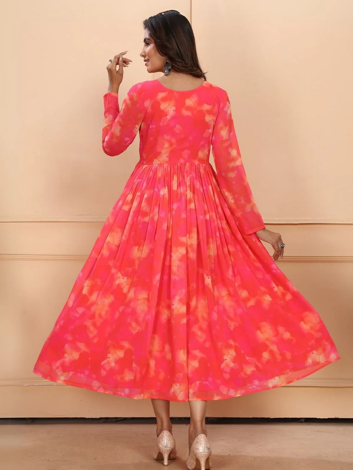 Odette Pink Georgette Printed Stiched Kurta With Dupatta For Women - Image 3