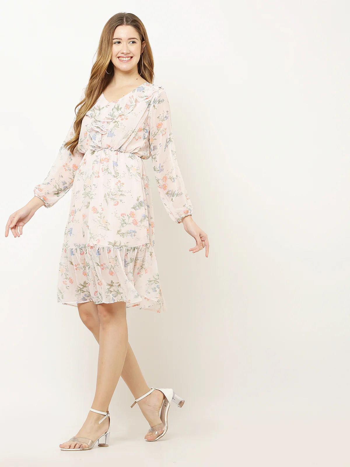 Odette Peach Georgette Printed Stitched Dress For Women - Image 2