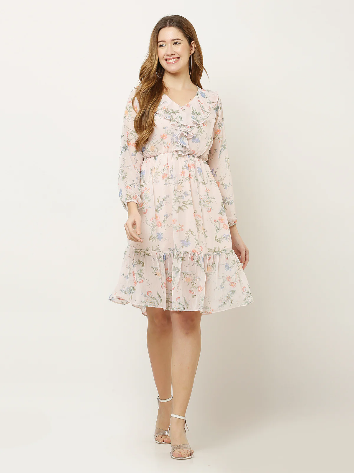 Odette Peach Georgette Printed Stitched Dress For Women - Image 3