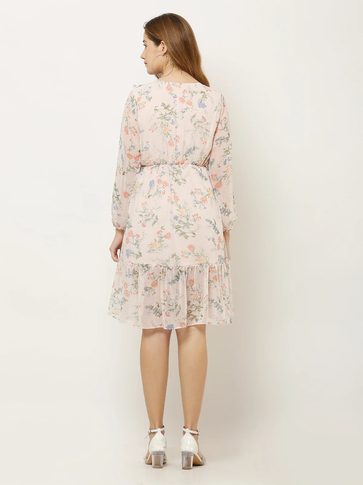 Odette Peach Georgette Printed Stitched Dress For Women - Image 4