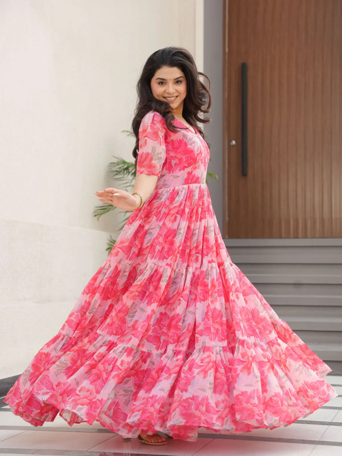 Odette Pink Georgette Printed Stitched Gown For Women - Image 2