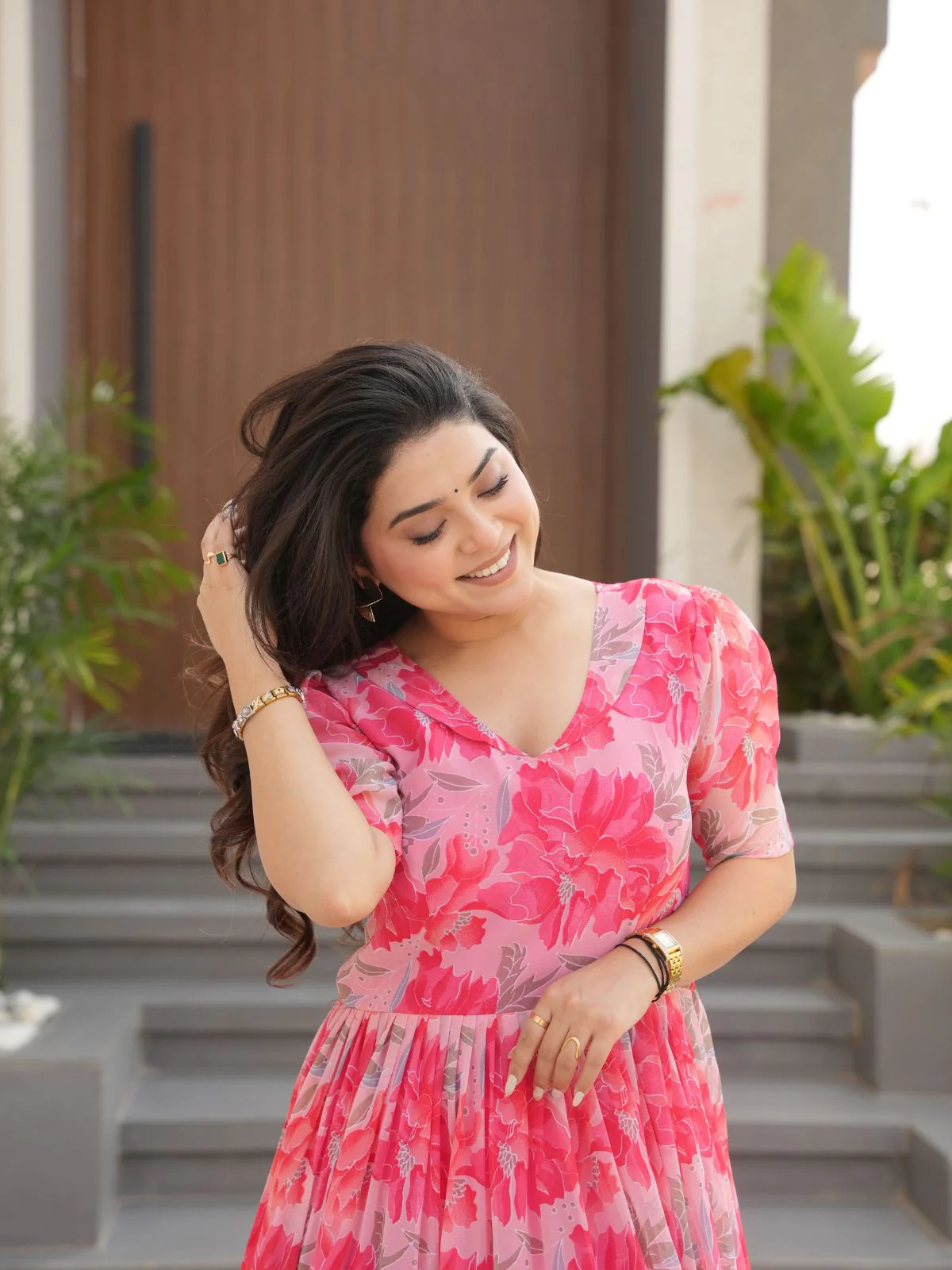 Odette Pink Georgette Printed Stitched Gown For Women - Image 5