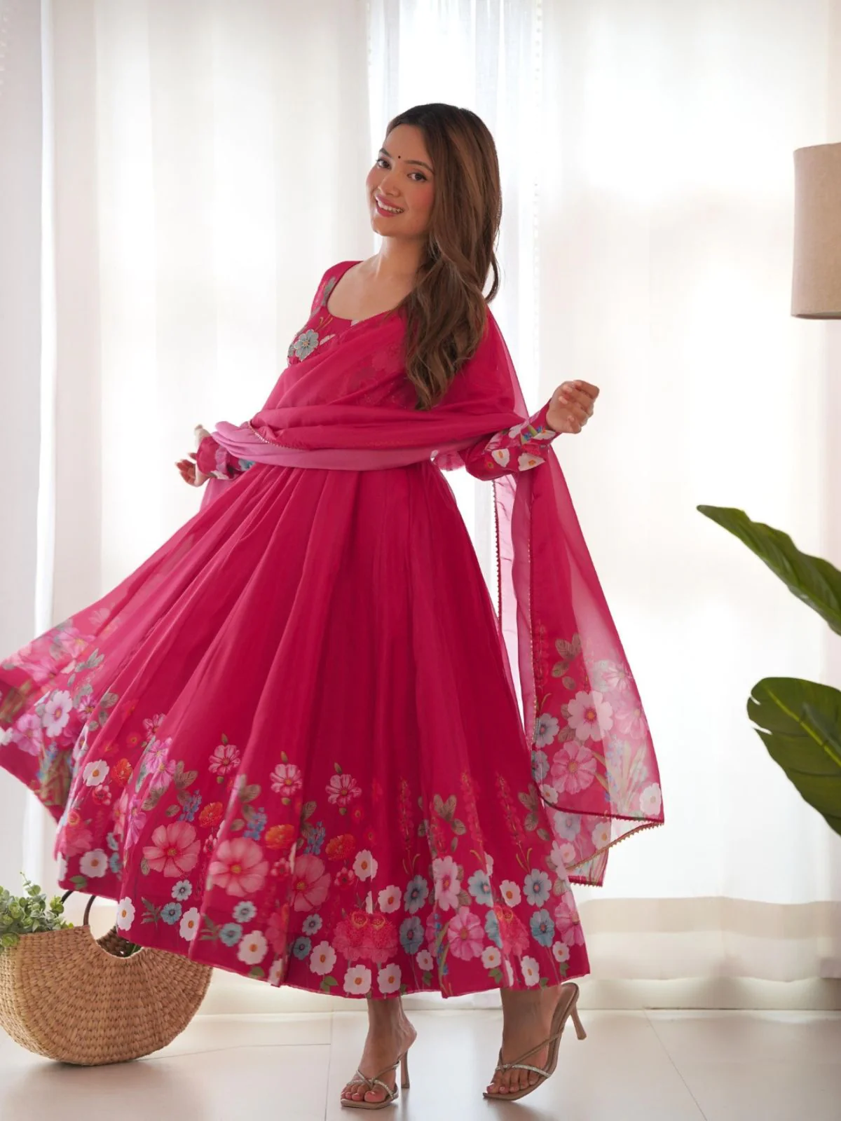 Odette Pink Georgette Printed Stitched Kurta Set For Women - Image 2