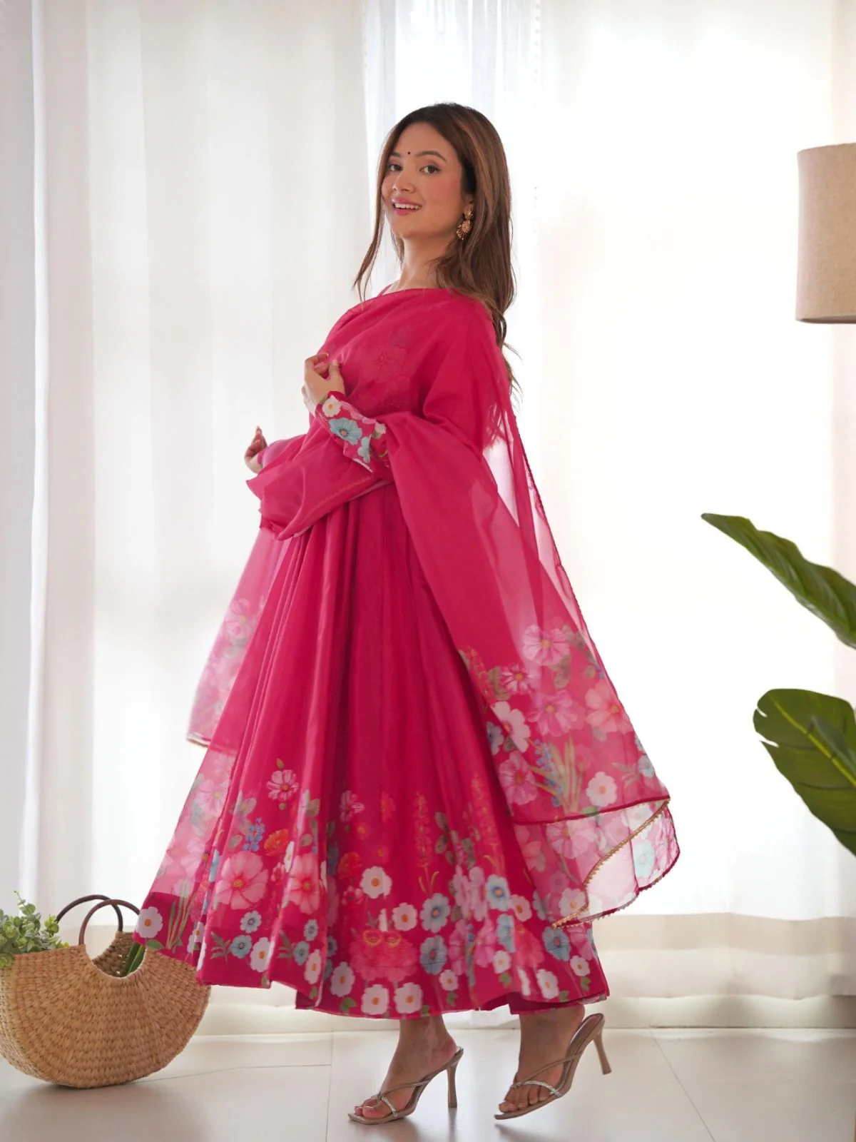 Odette Pink Georgette Printed Stitched Kurta Set For Women - Image 3