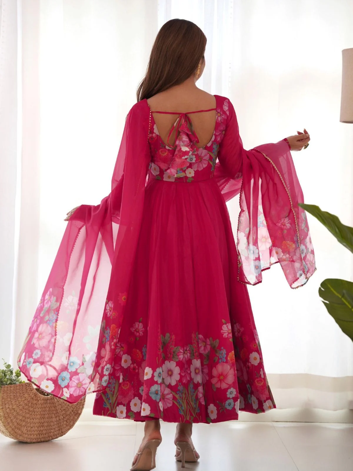 Odette Pink Georgette Printed Stitched Kurta Set For Women - Image 4