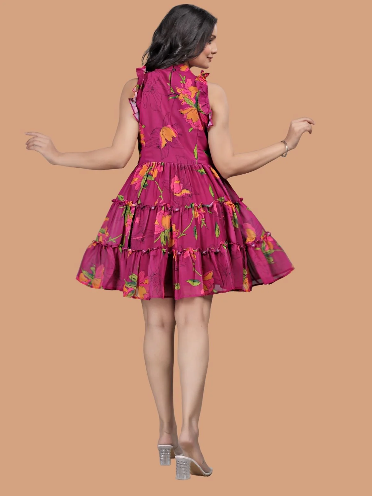 Odette Pink Georgette Solid Dress For Women - Image 3