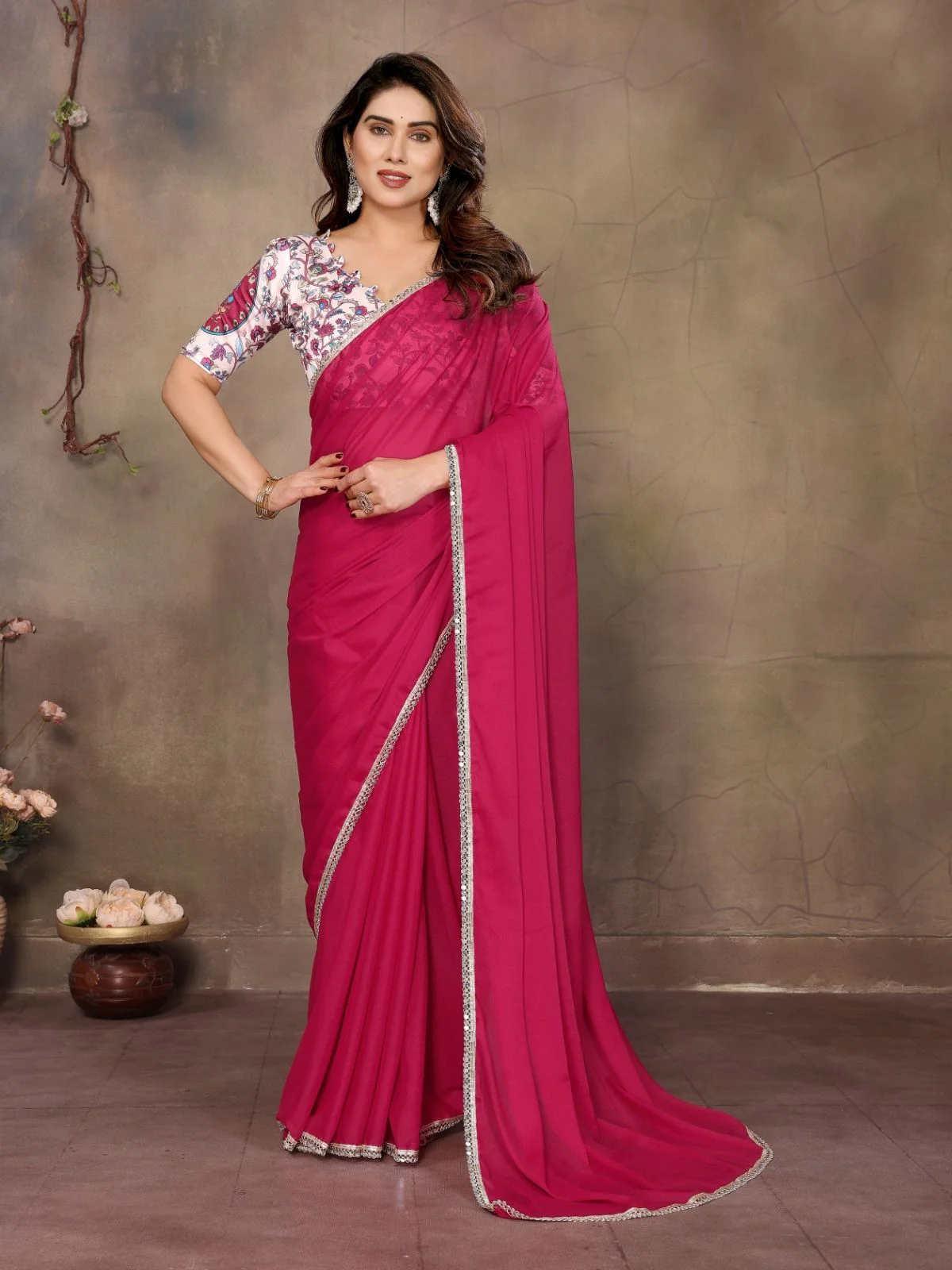 Odette Pink Georgette Solid Saree For Women